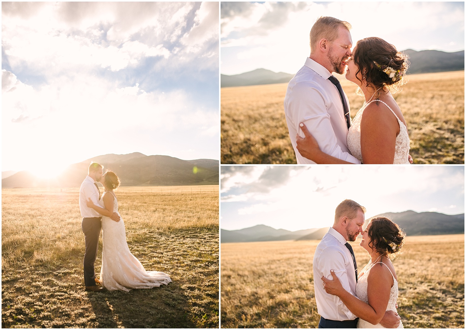 Bride and groom kissing in the field at Guyton Ranch at golden hour