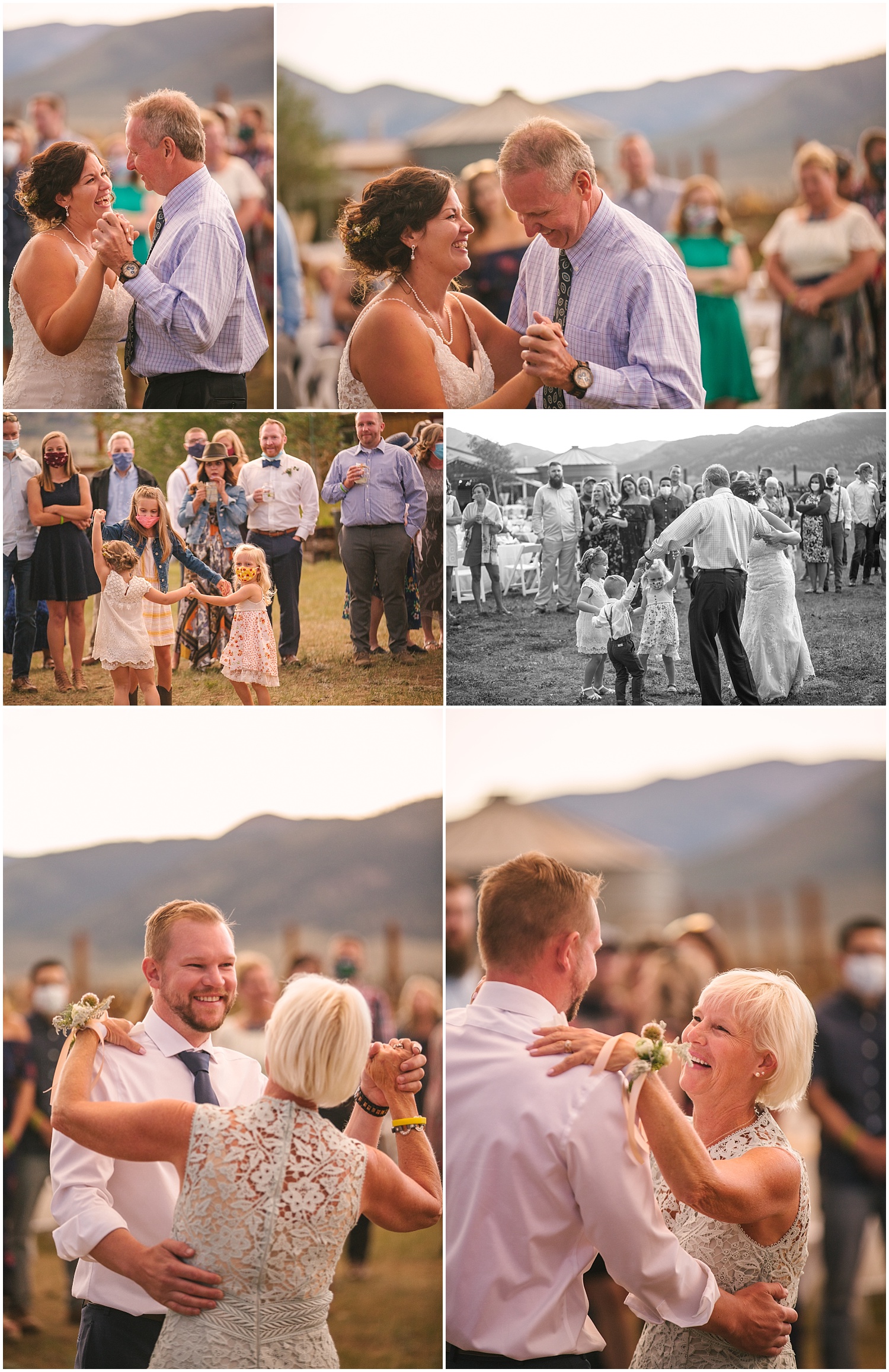 Bride and groom dance with parents at their outdoor Guyton Ranch wedding reception