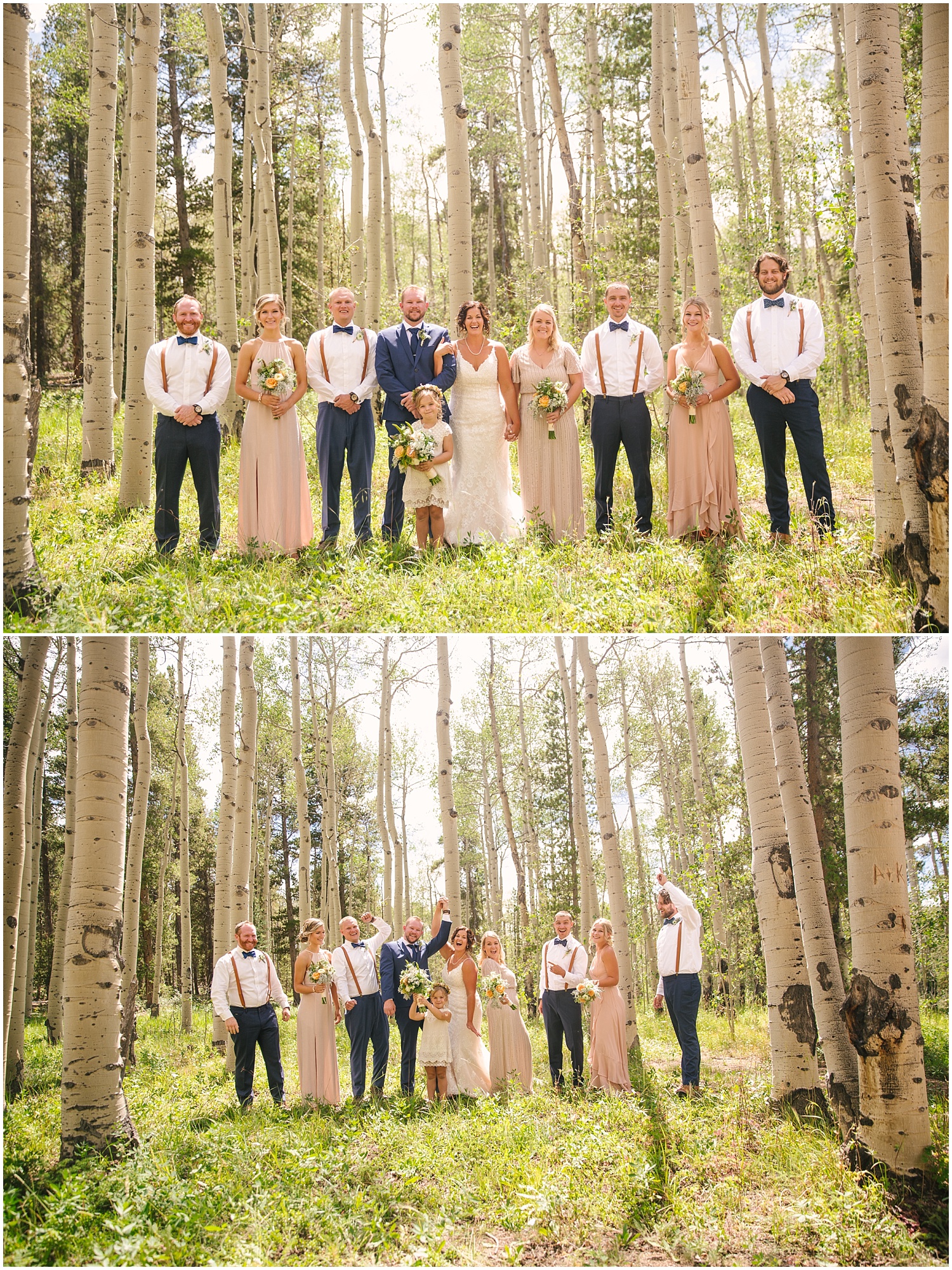 Full wedding party stands in aspen forest in Kenosha Pass Colorado