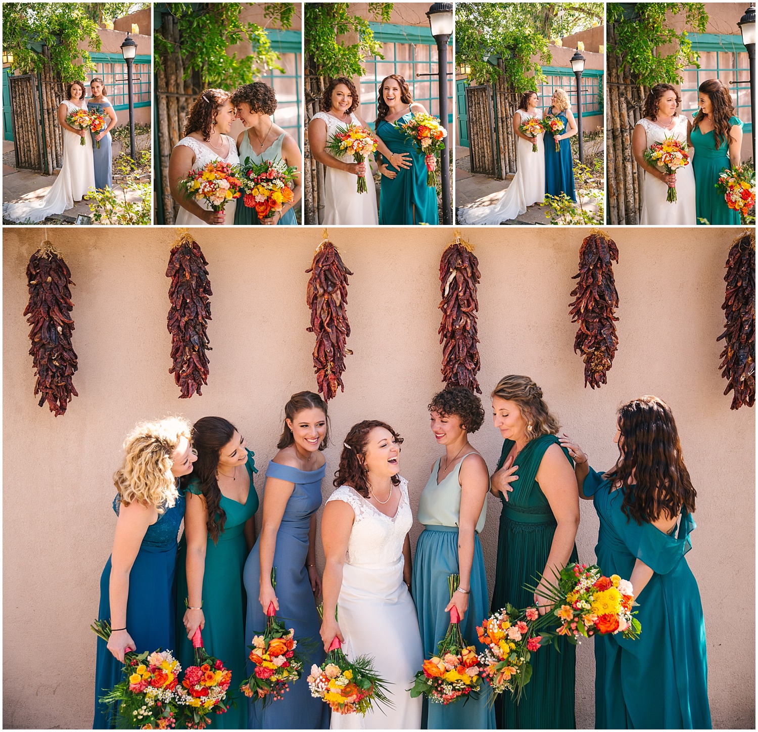 Mismatched bridesmaid style for Santa Fe wedding: turquoise dresses with bright bouquets