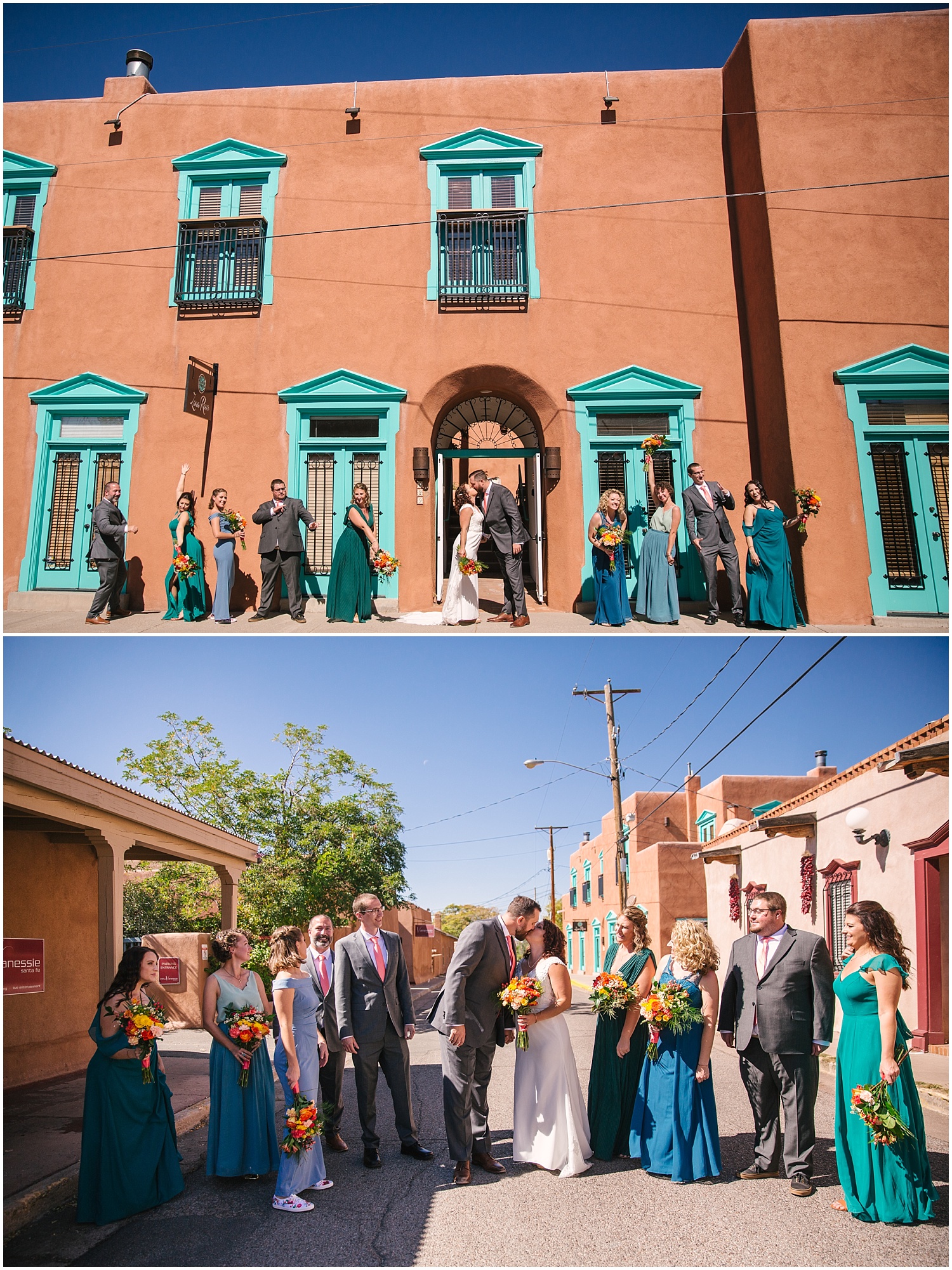 Bright and colorful wedding party portraits around Santa Fe New Mexico