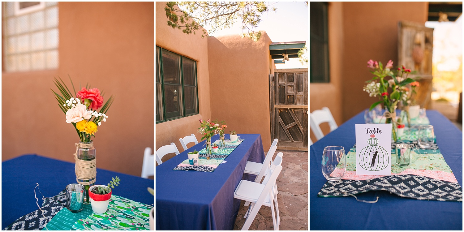 Tables decorated with succulents and cactus details for backyard Santa Fe wedding