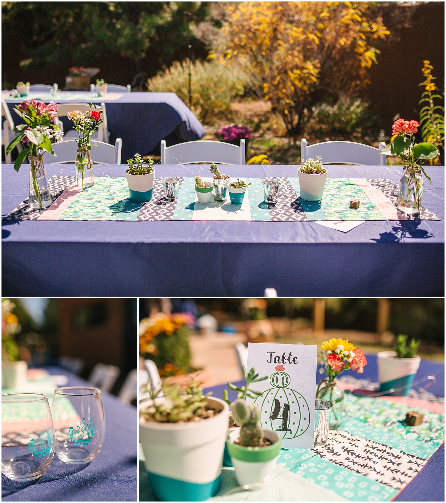 Tables decorated with succulents and cactus details for backyard wedding in Santa Fe