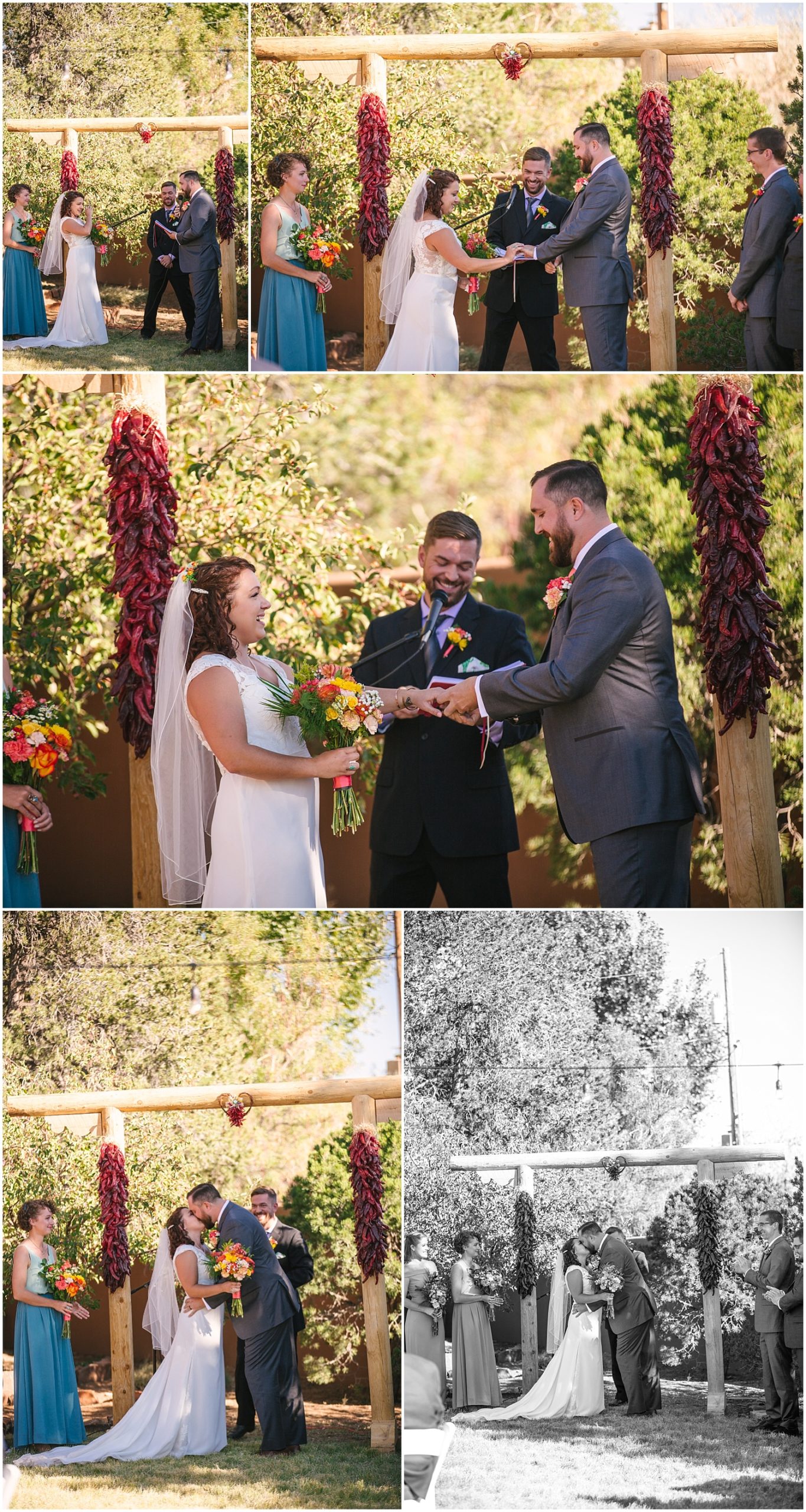 Bride and groom's first kiss at their intimate backyard wedding in Santa Fe