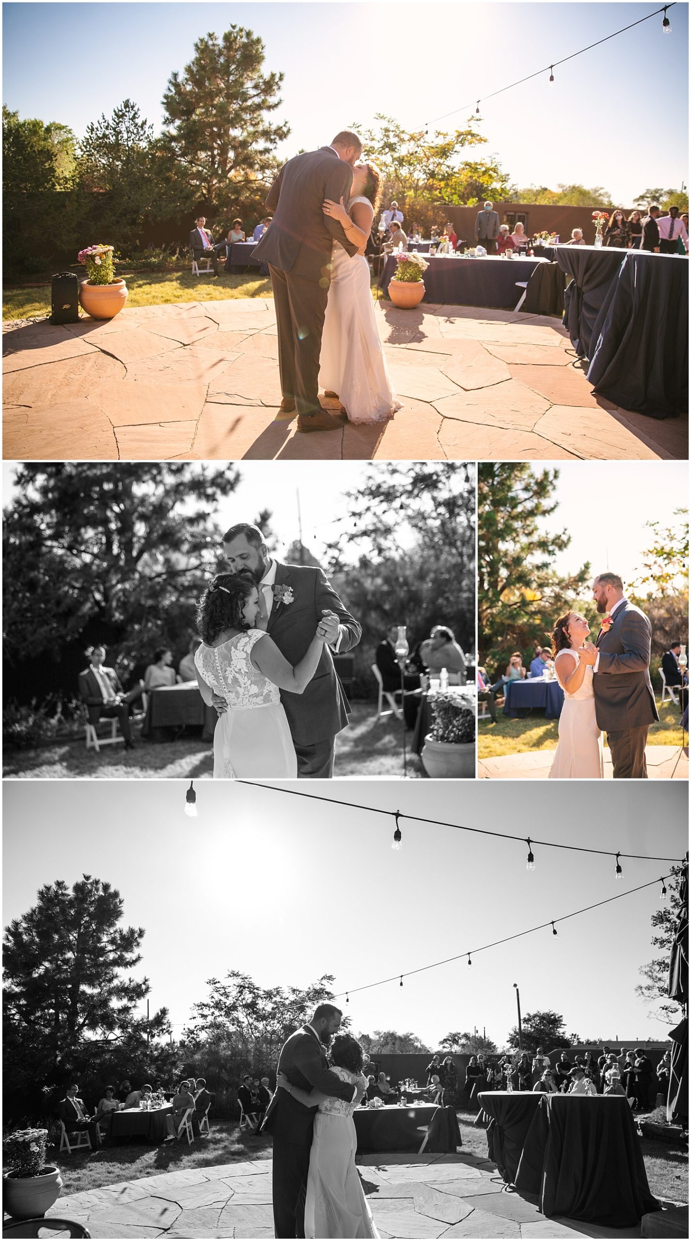 Bride and groom's first dance on the patio at backyard wedding
