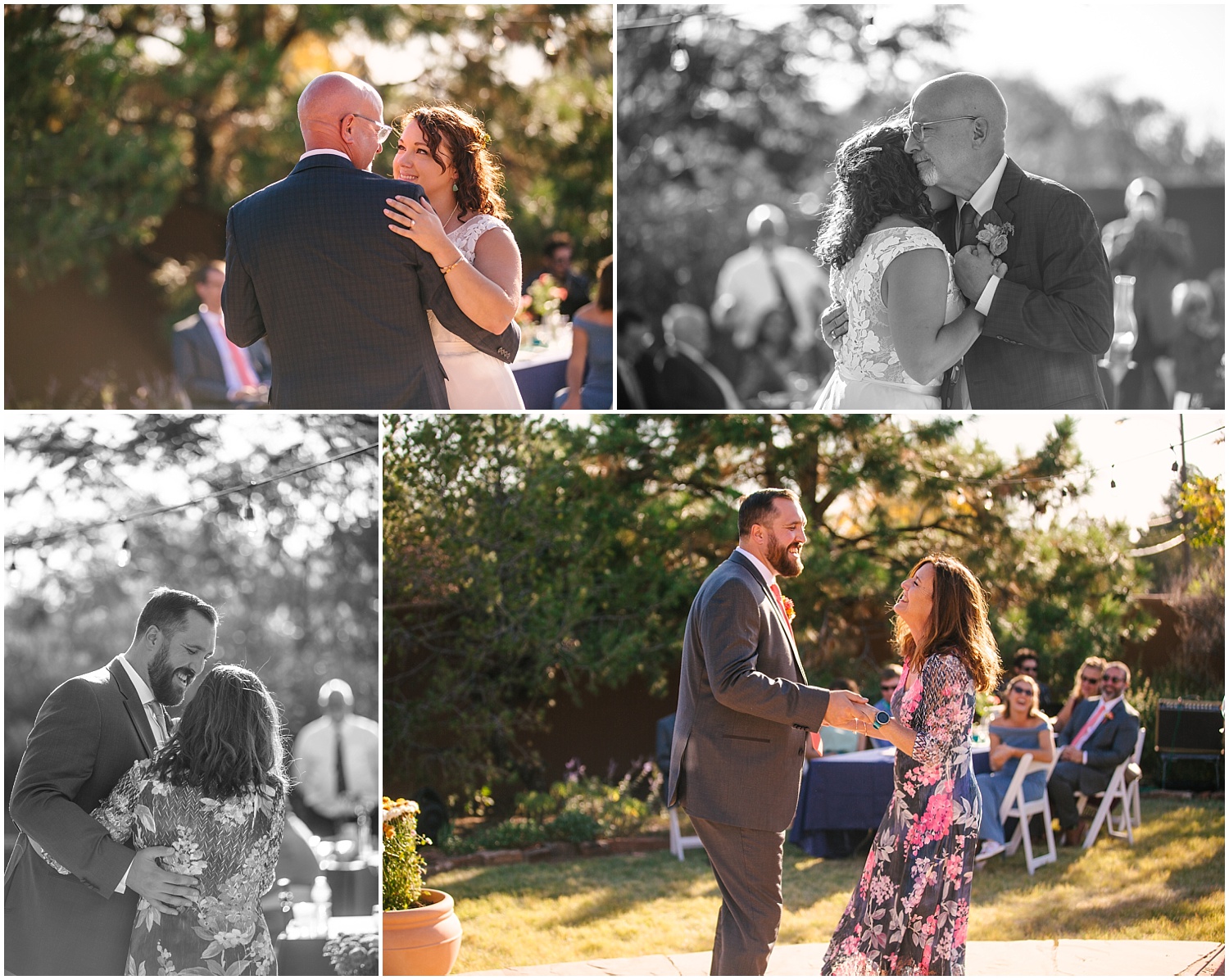 Bride and groom dance with their parents at their backyard wedding celebration