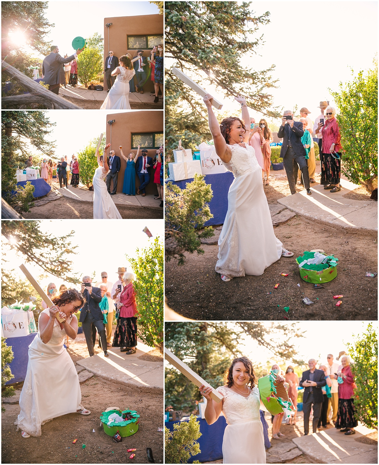 Bride knocks down covid pinata to celebrate wedding day in her parents' backyard