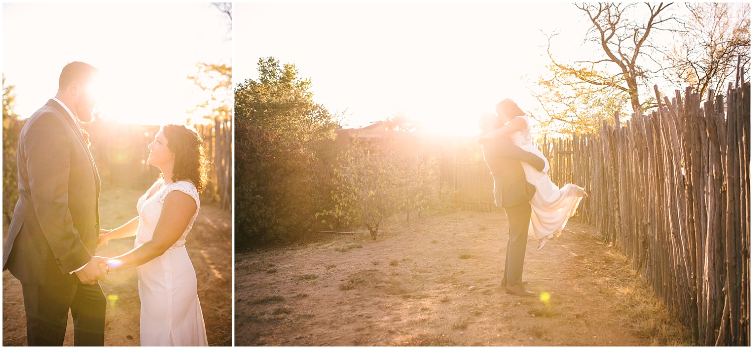 joyful bride and groom at sunset backyard wedding in Santa Fe