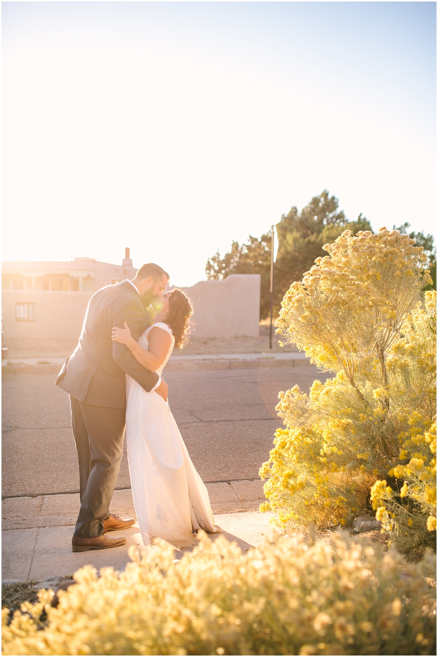 bride and groom kissing among the chamisa at their intimate backyard wedding in Santa Fe