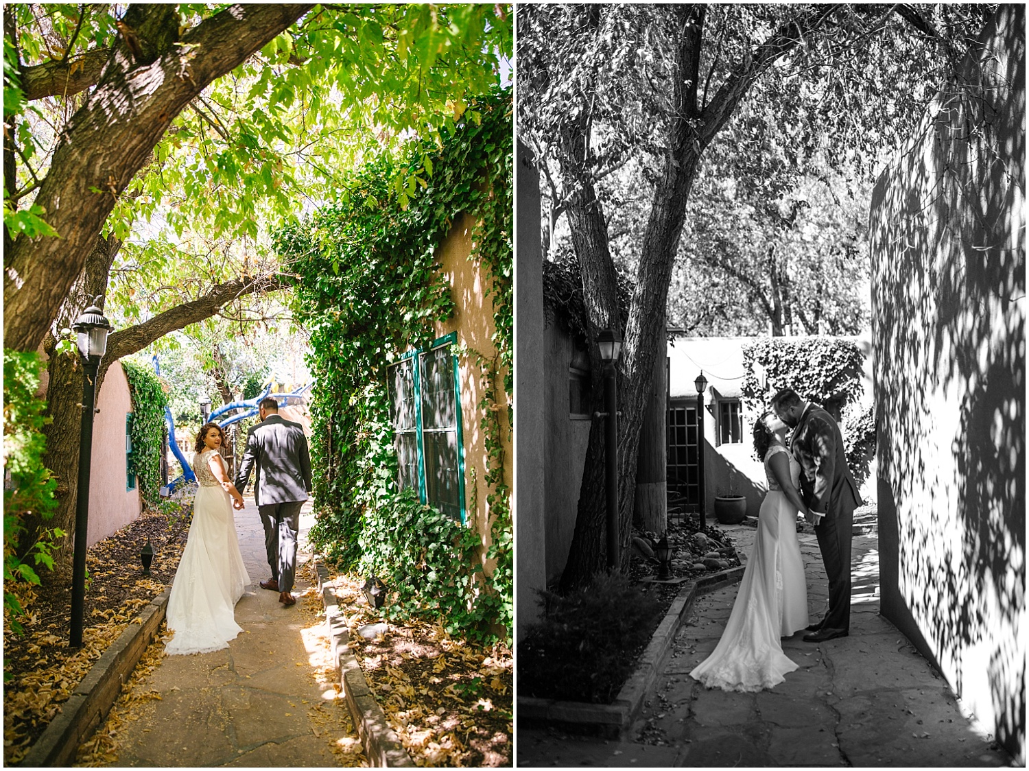 Bride and groom walking under the trees at Las Palomas Hotel before their intimate Santa Fe wedding