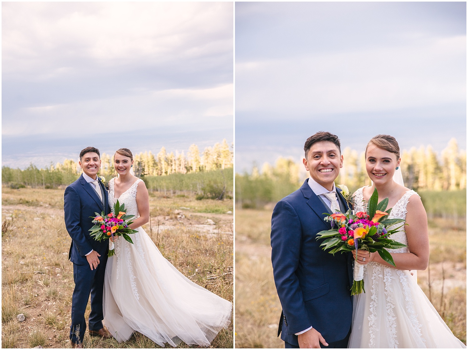 Bride and groom's portraits at 10k trailhead in Sandia Mountains