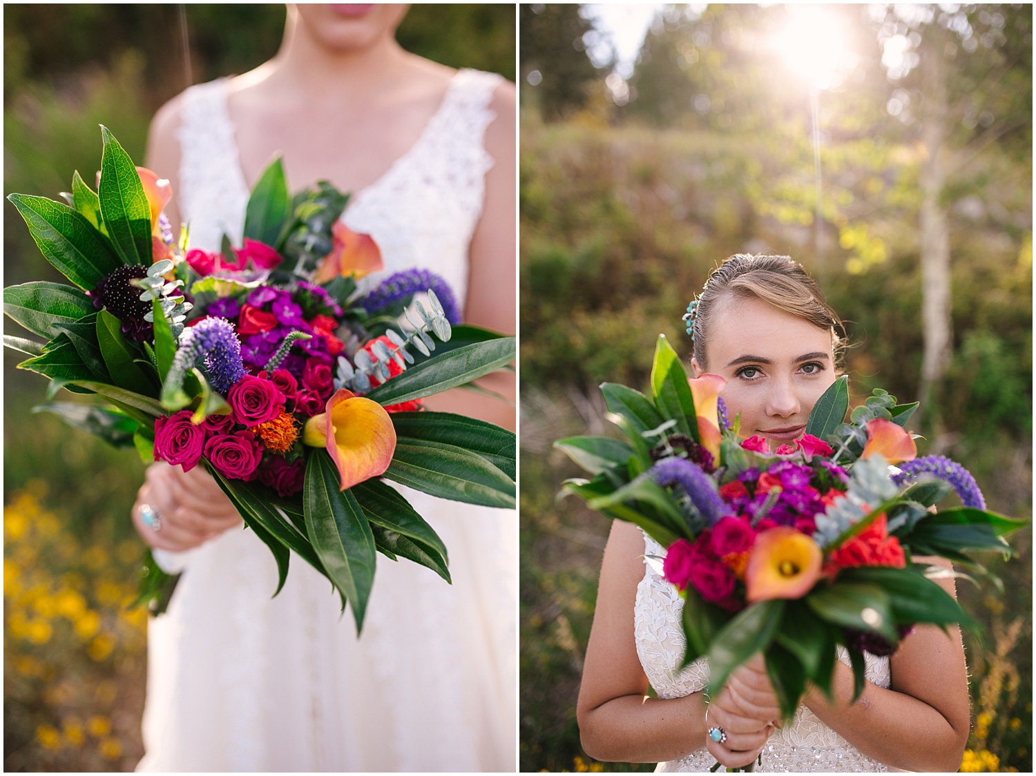 Bride holding brightly colored bouquet for summer elopement in the Sandia mountains
