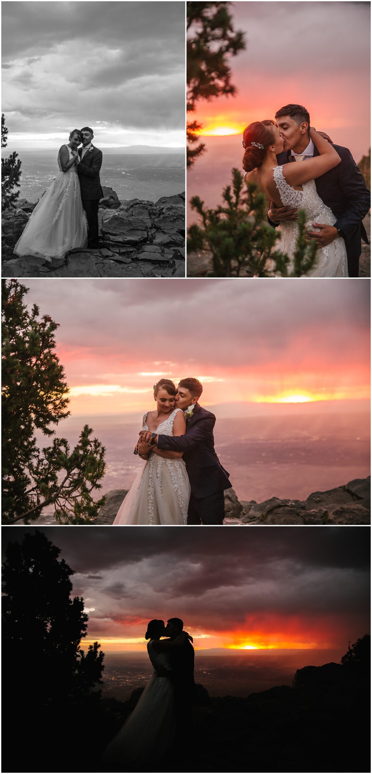 Bride and groom embrace during dramatic sunset at Sandia Crest