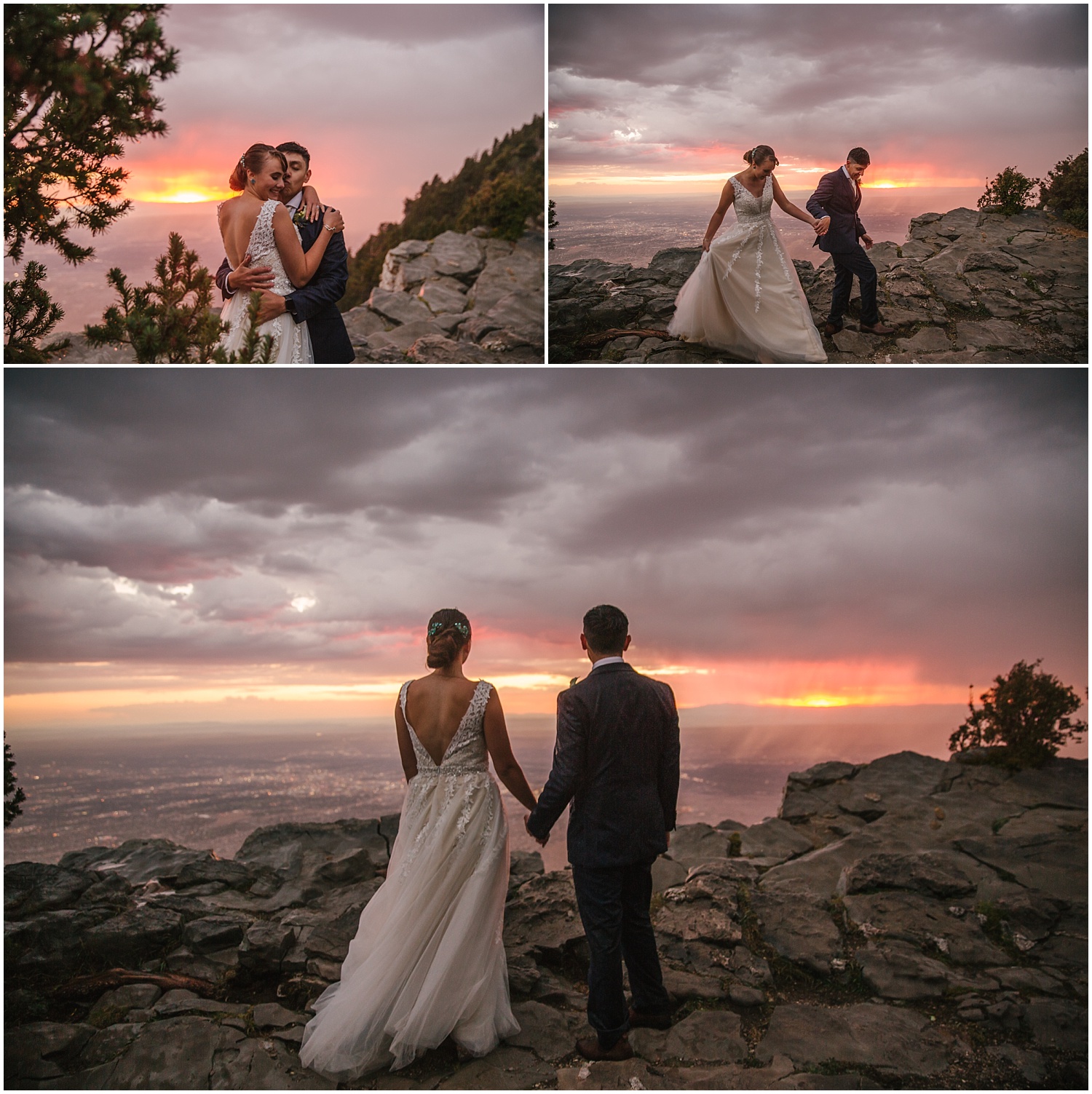 Bride and groom stand at the top of Sandia Crest overlooking the city of Albuquerque at sunset