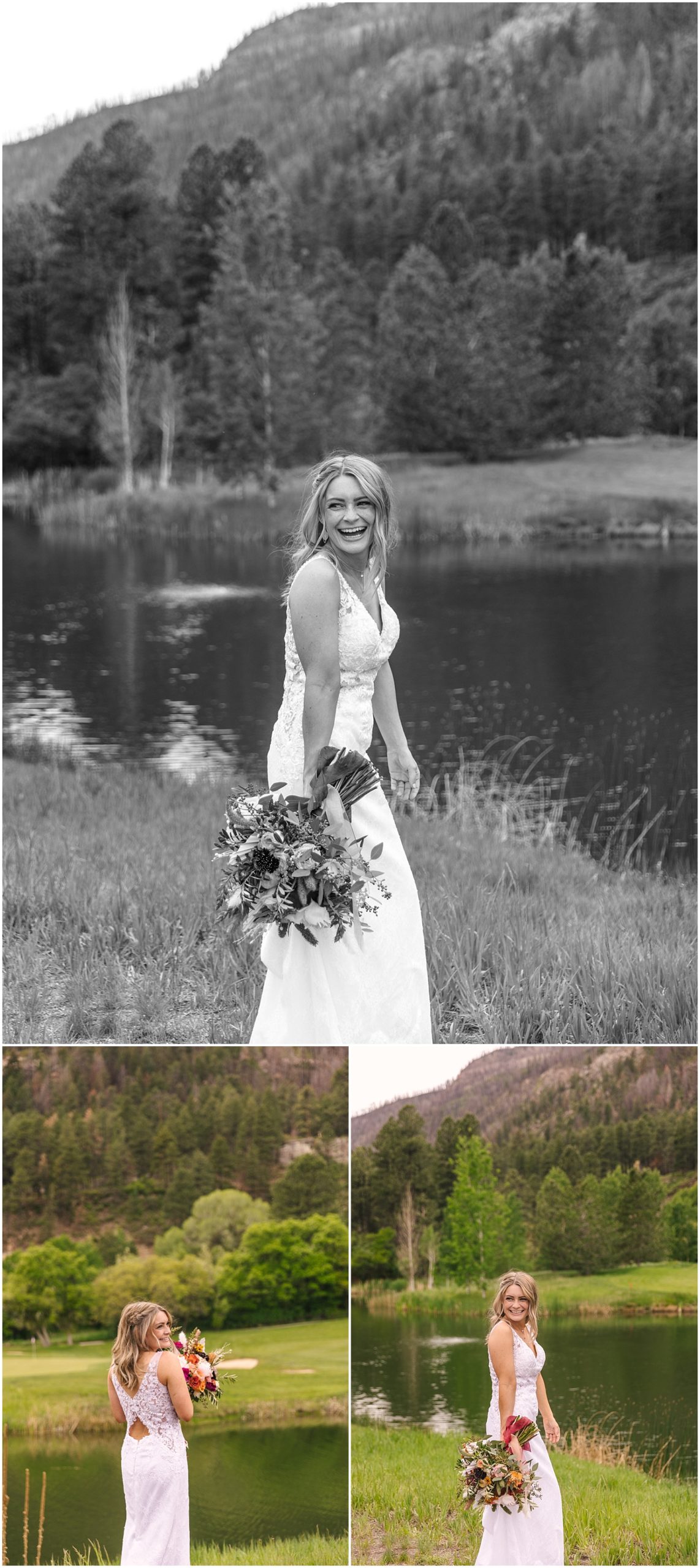 Bridal portraits by the water at Glacier Club in Durango Colorado