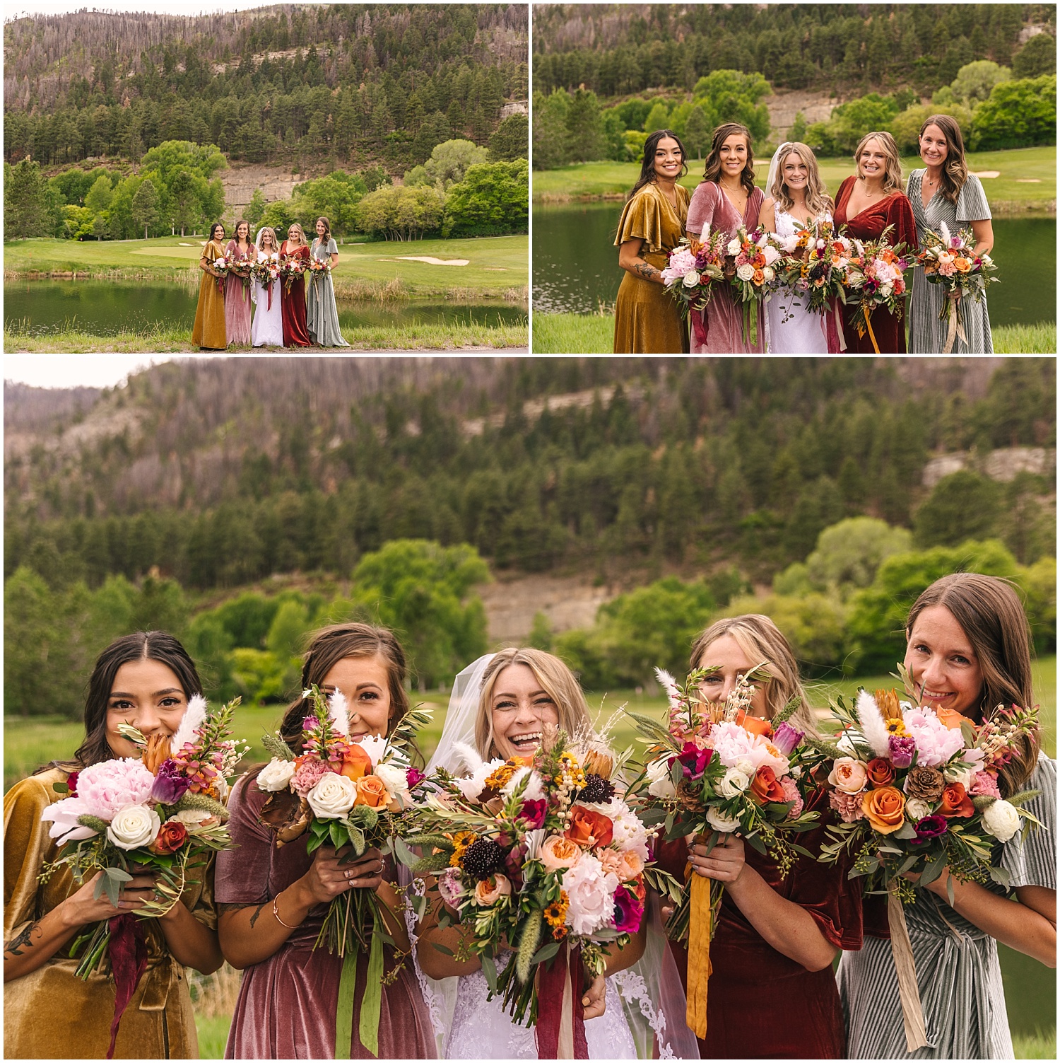 Bridesmaids with mismatched velvet dresses and colorful bouquets