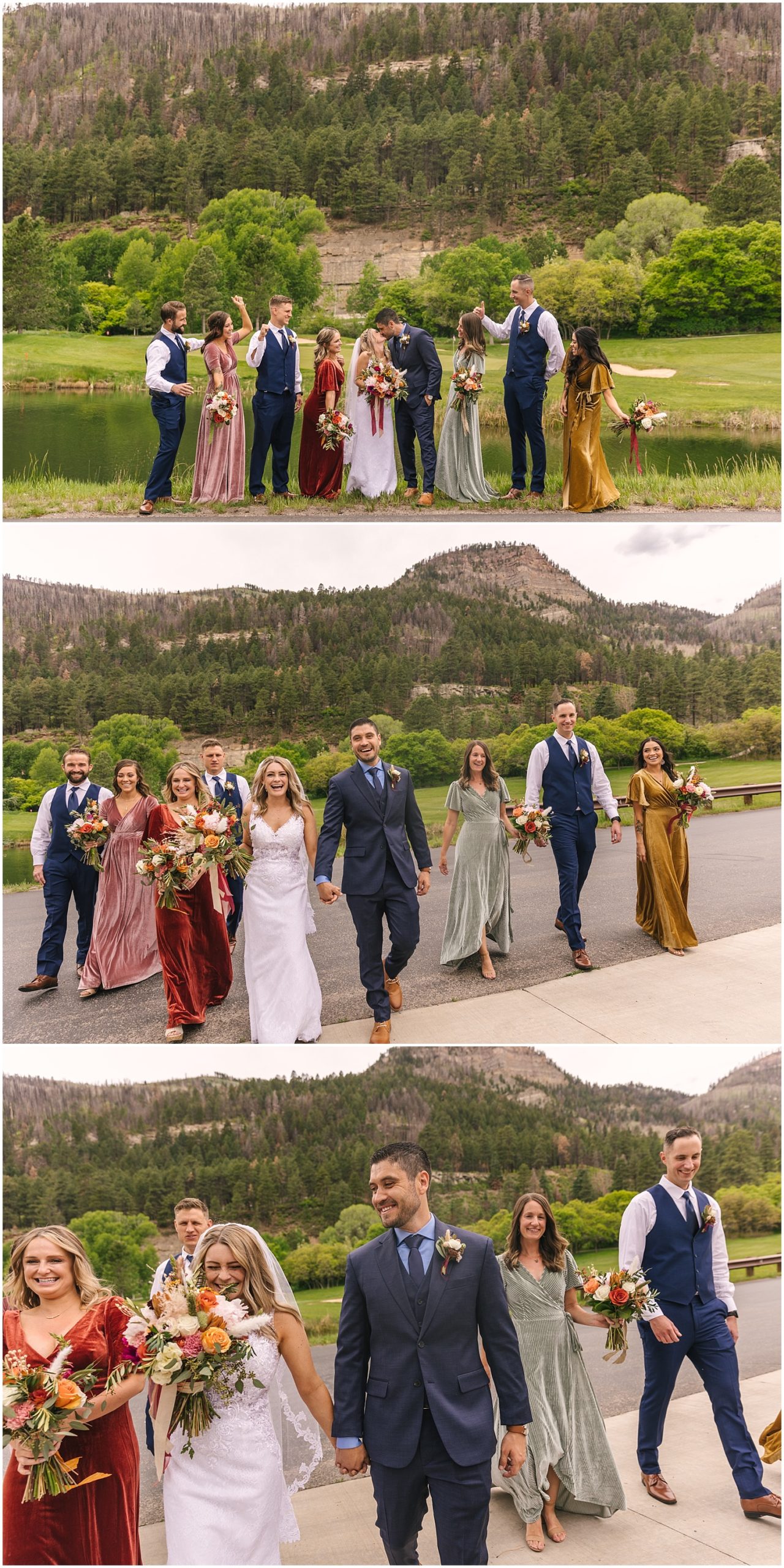 Wedding party portraits with water and mountain backdrop in Durango at the Glacier Club