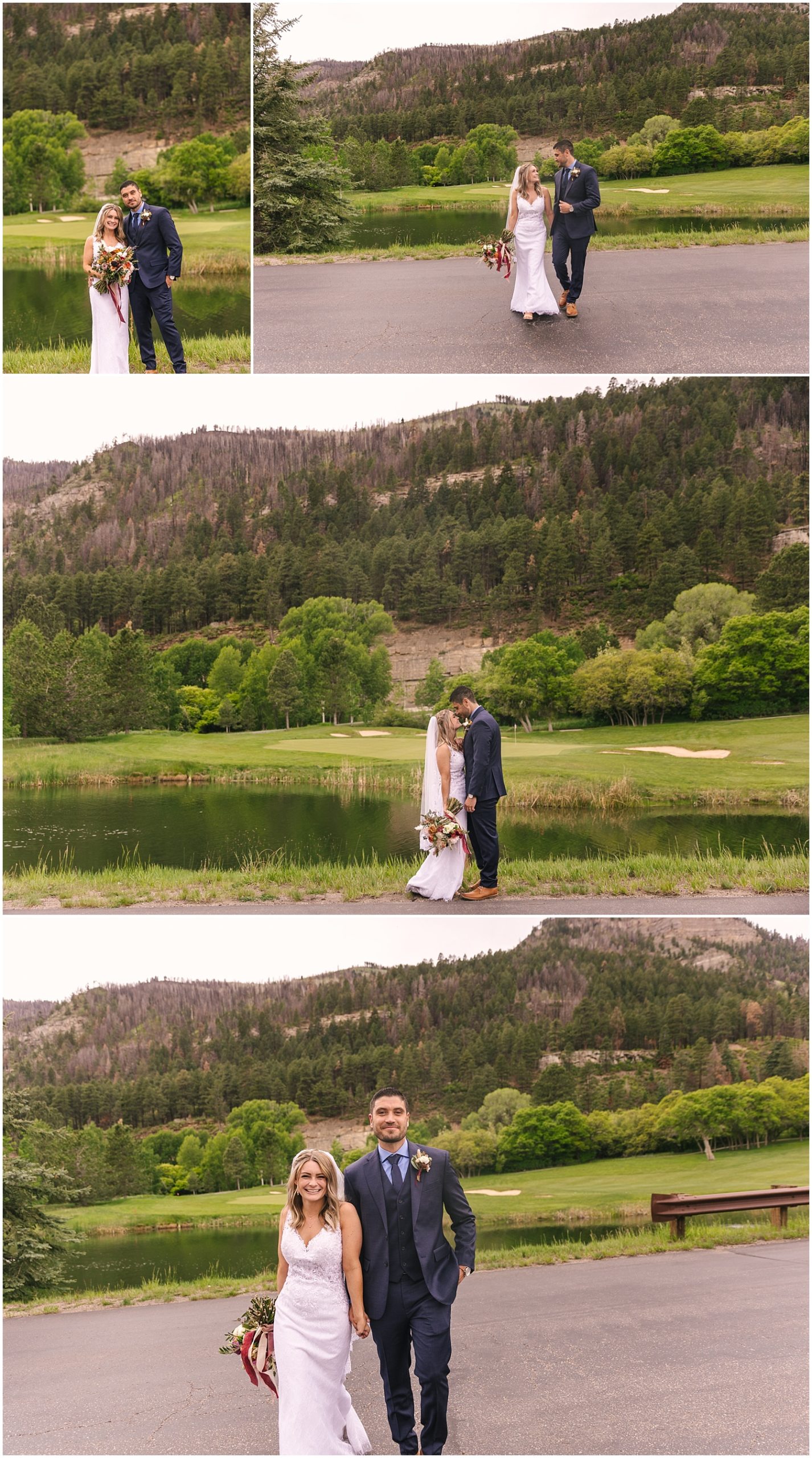 Bride and groom portraits with water and mountain backdrop at Glacier Club wedding in Durango Colorado