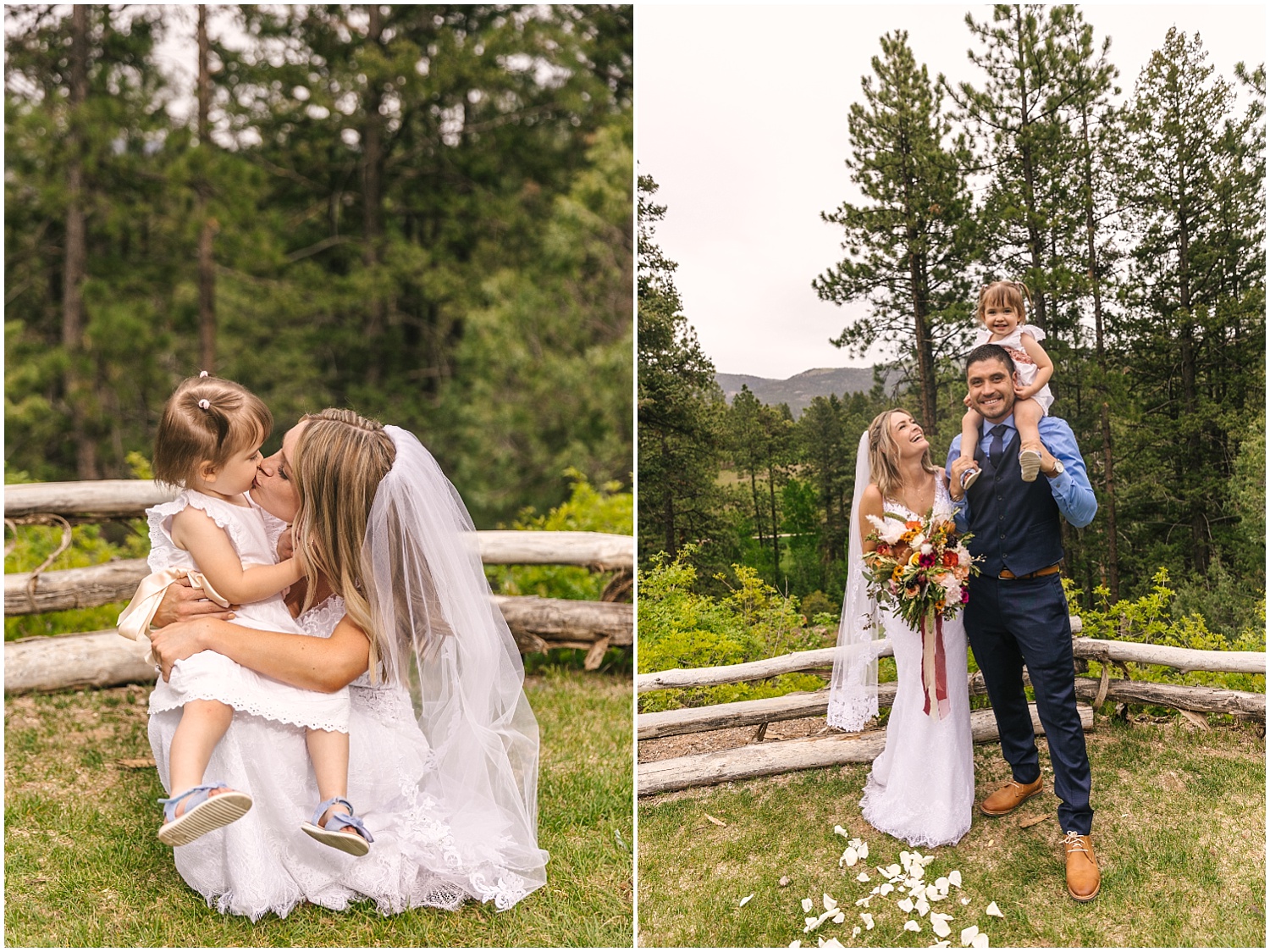 Bride and groom take pictures with their daughter at their wedding at Glacier Club