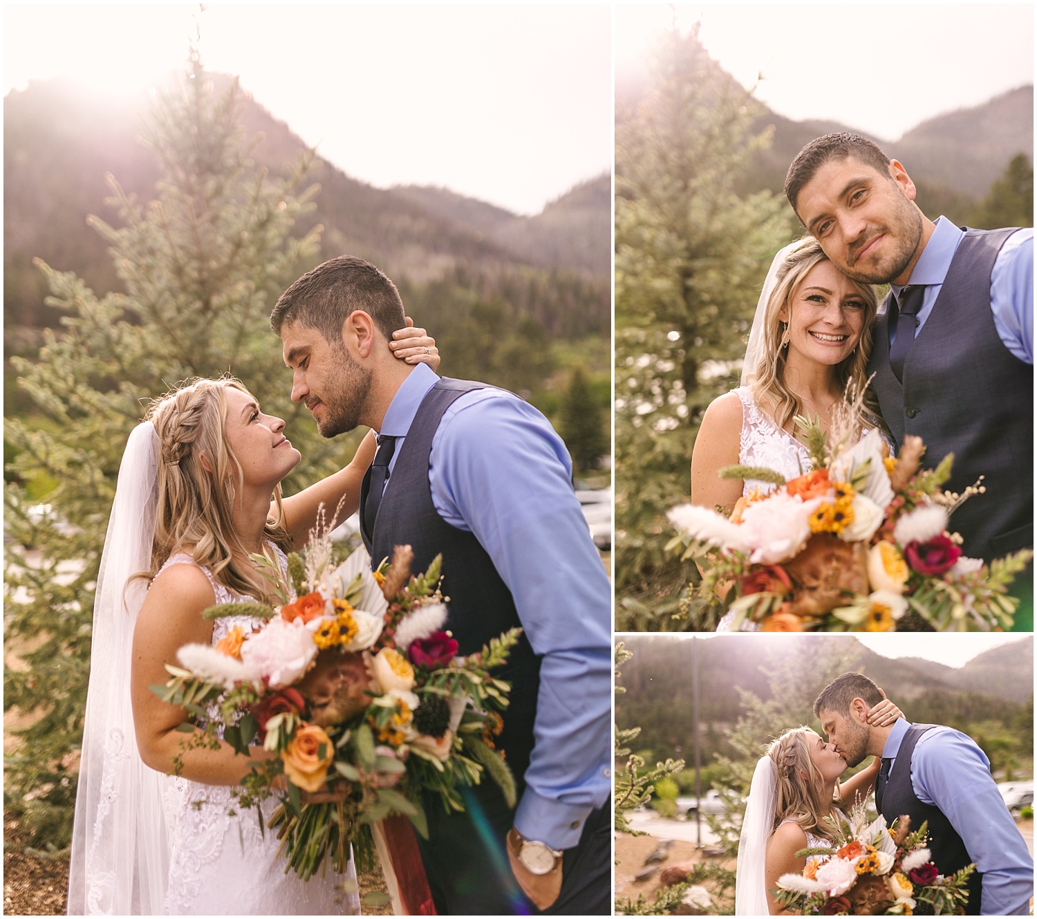 Golden hour portraits of bride and groom at Durango wedding at Glacier Club