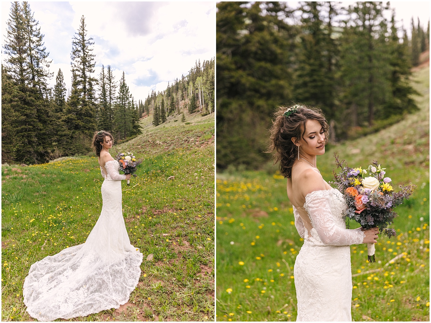 Bride in a long train stands in a field with wildflowers near Telluride Colorado