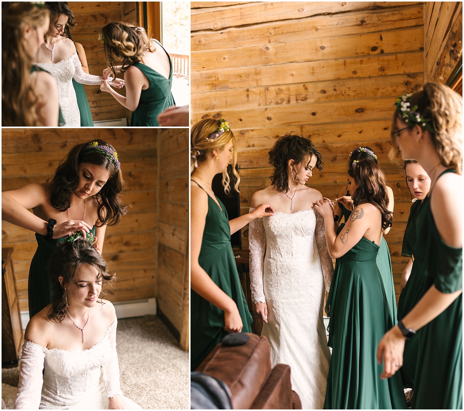 Bridesmaids dressing the bride before the wedding ceremony