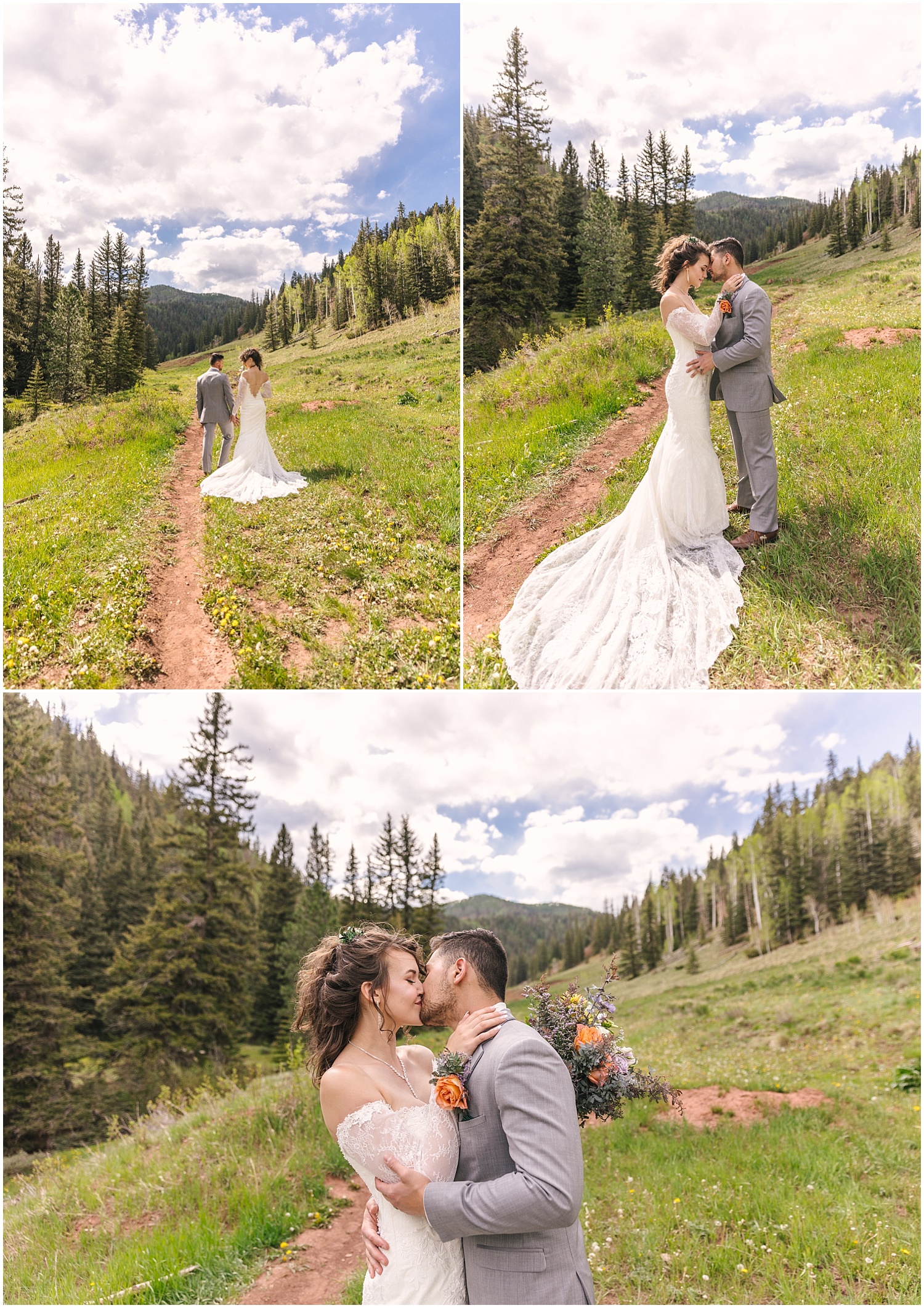Bride and groom kissing on a trail outside Telluride Colorado
