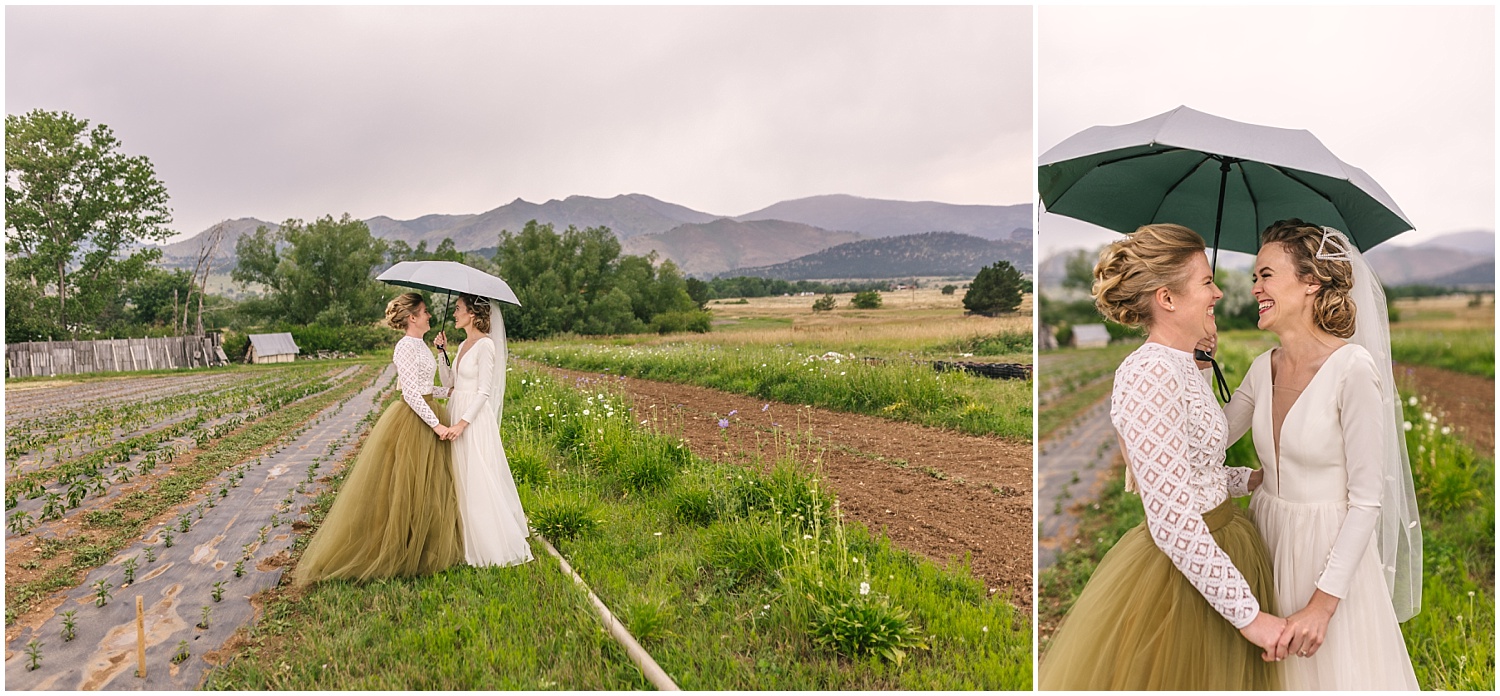 Rainy wedding portraits at Pastures of Plenty Farm in Boulder Colorado