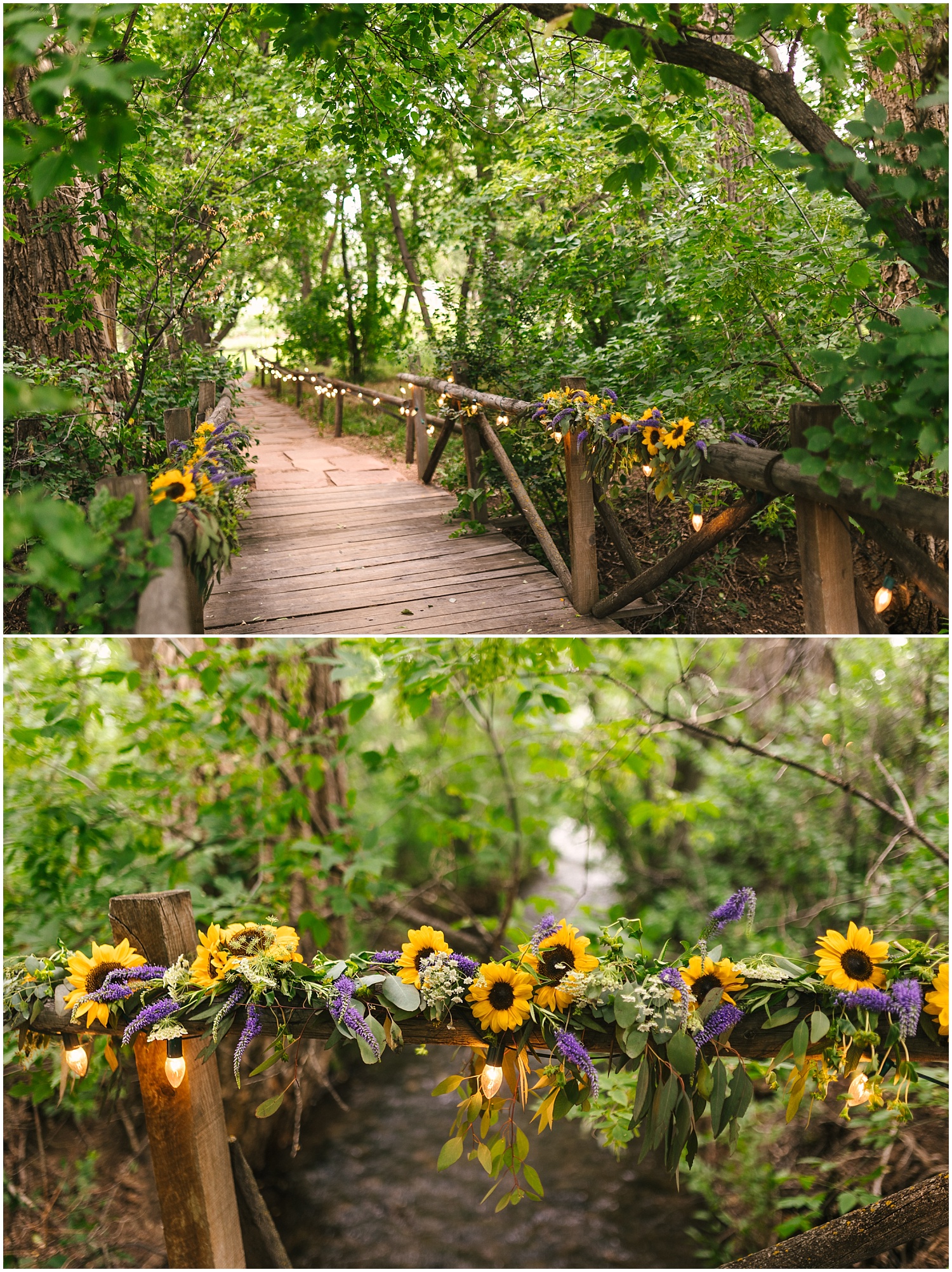 Flowers by Rowdy Poppy decorate the bridge over the creek at Pastures of Plenty Farm wedding venue