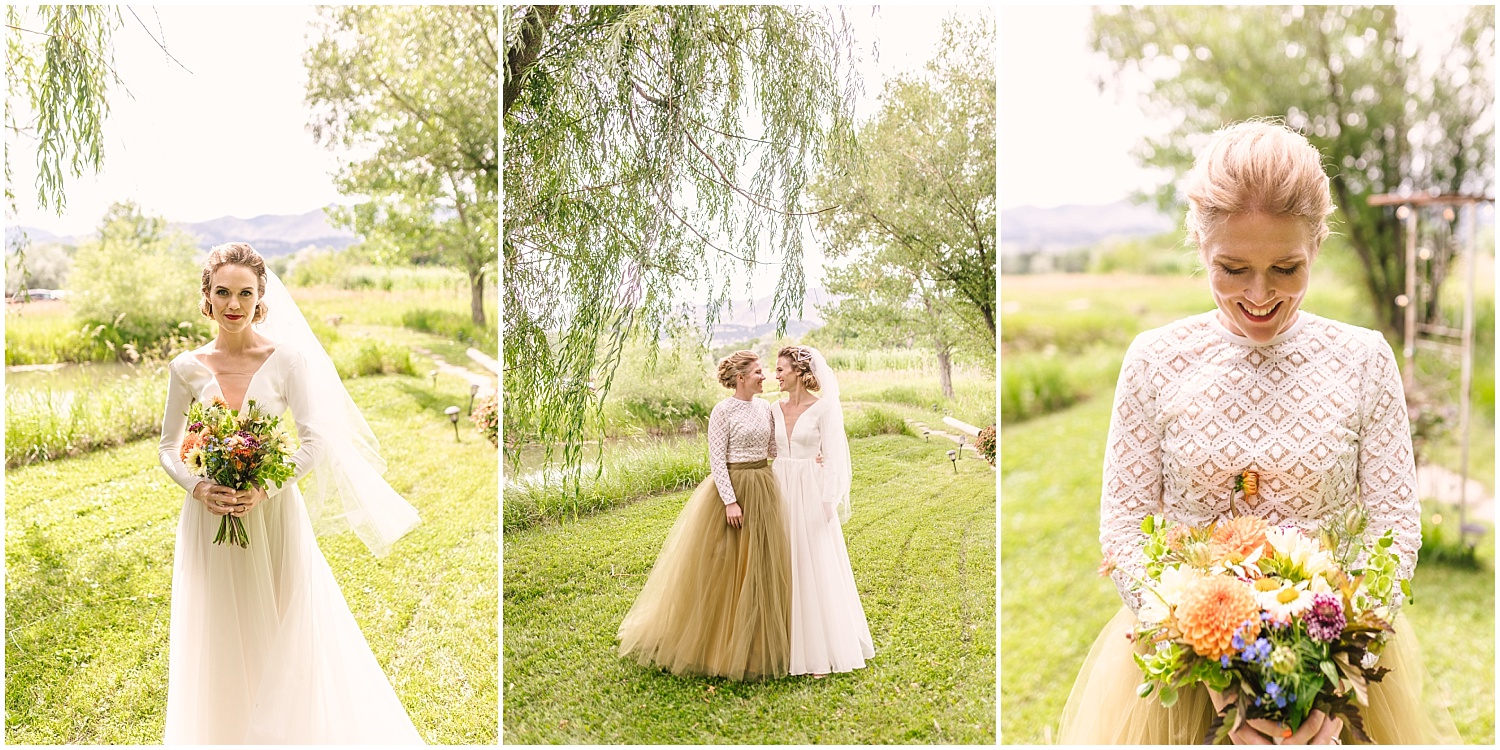 Two brides under the willow tree at Pastures of Plenty Farm wedding