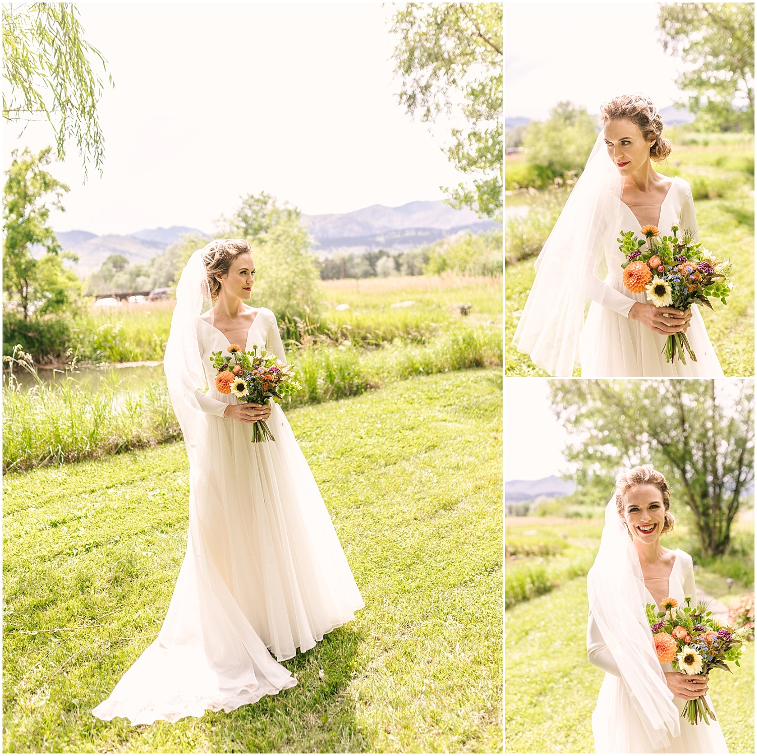 Bride wearing long veil and rustic bouquet under the willow tree at Pastures of Plenty wedding