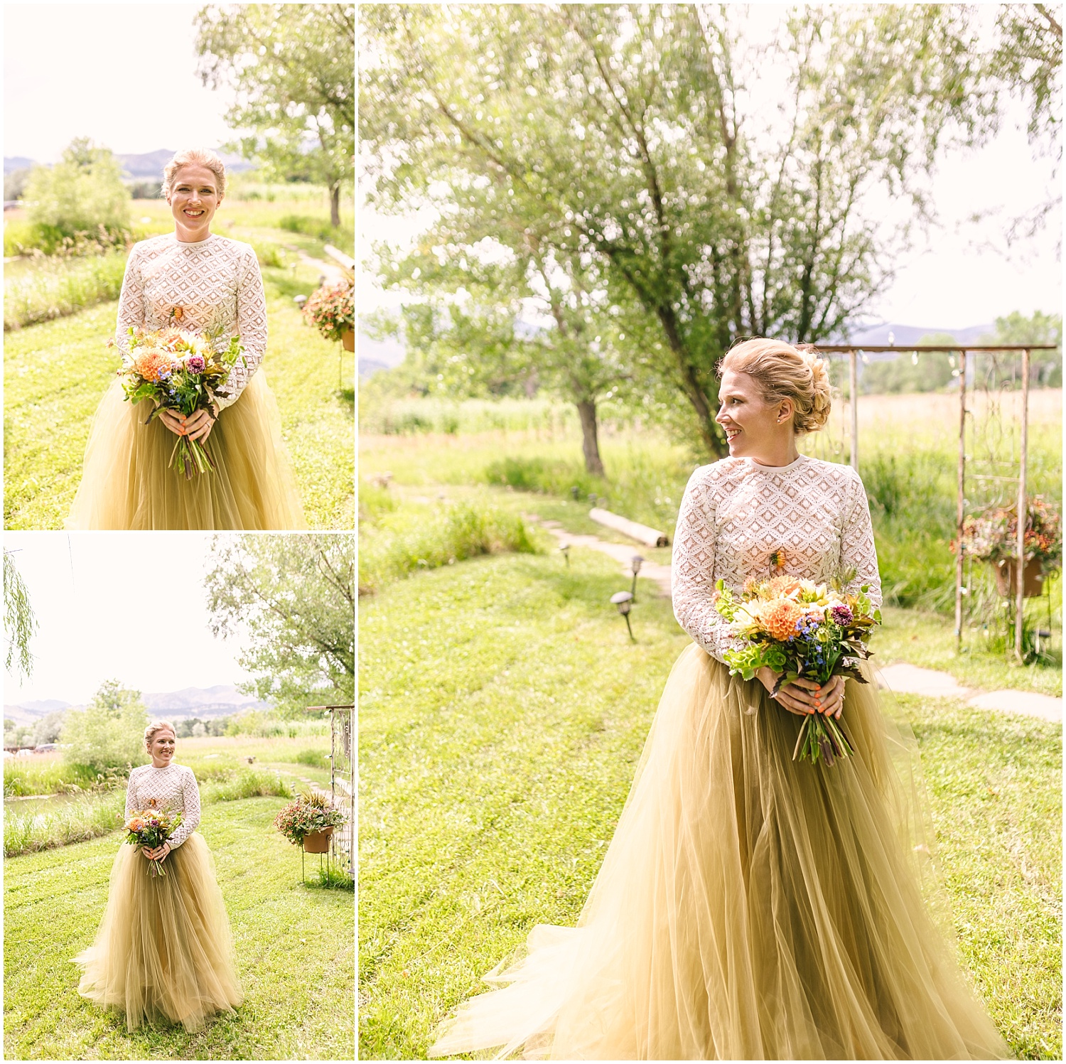 Bride with flowy green skirt and rustic bouquet under the willow tree at Pastures of Plenty wedding