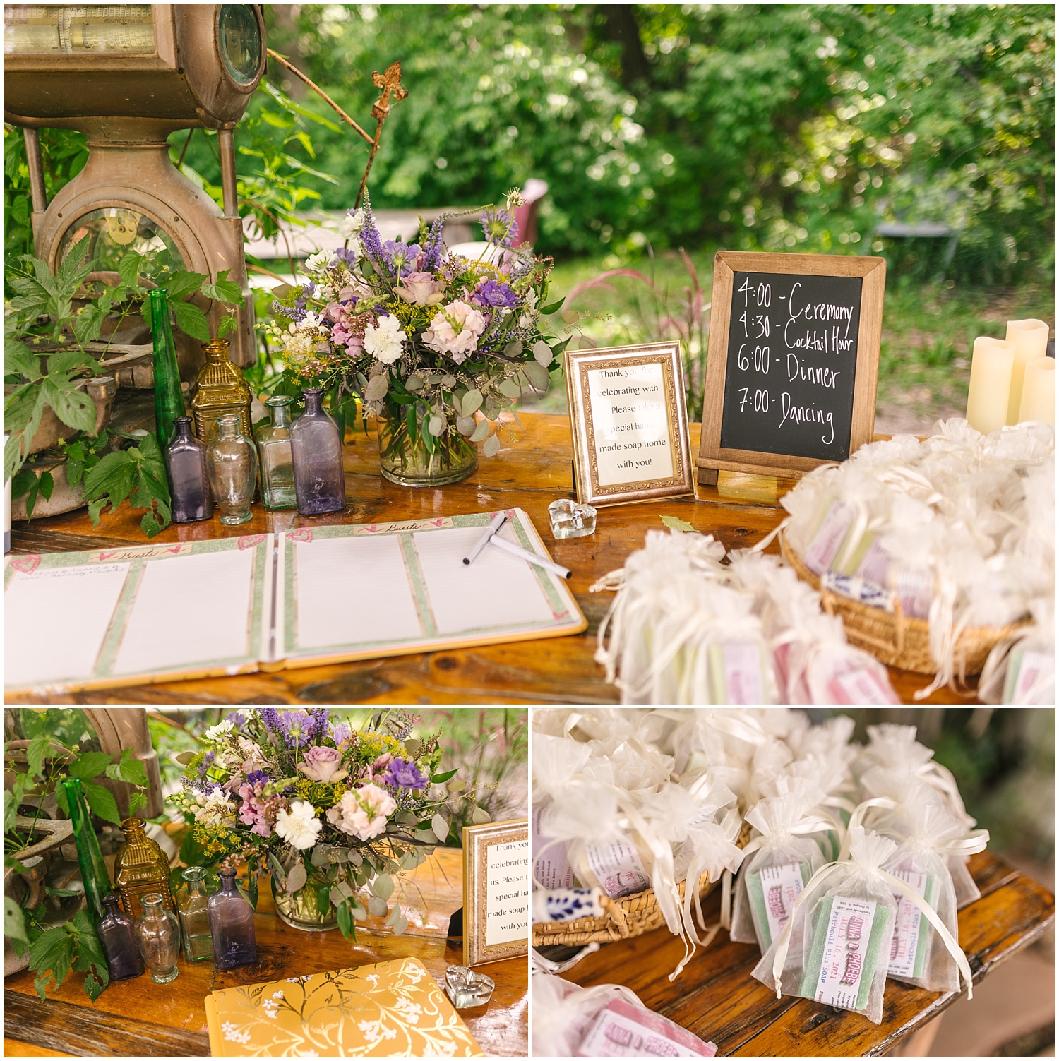 Rustic vases and floral details for an enchanted garden wedding vibe