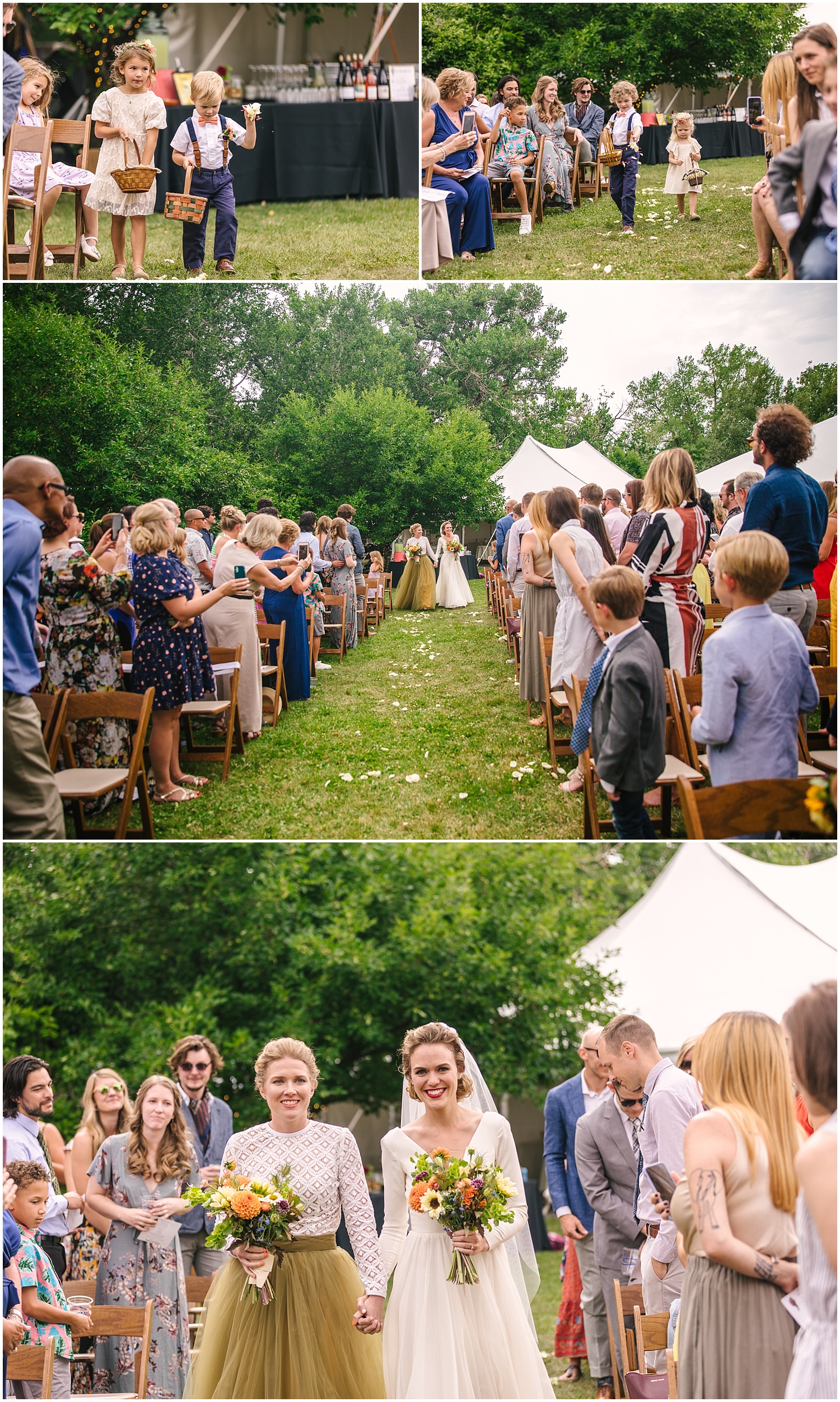 Two brides make their entrance following flower children at their Pastures of Plenty wedding ceremony