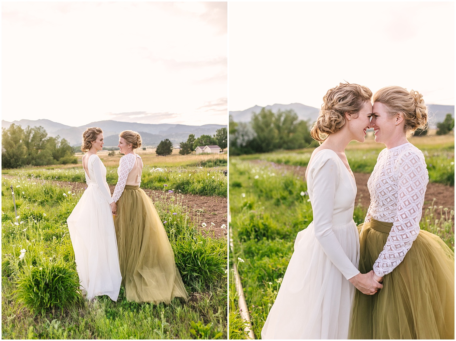 Portraits of the two brides at sunset at Pastures of Plenty wedding in Boulder Colorado