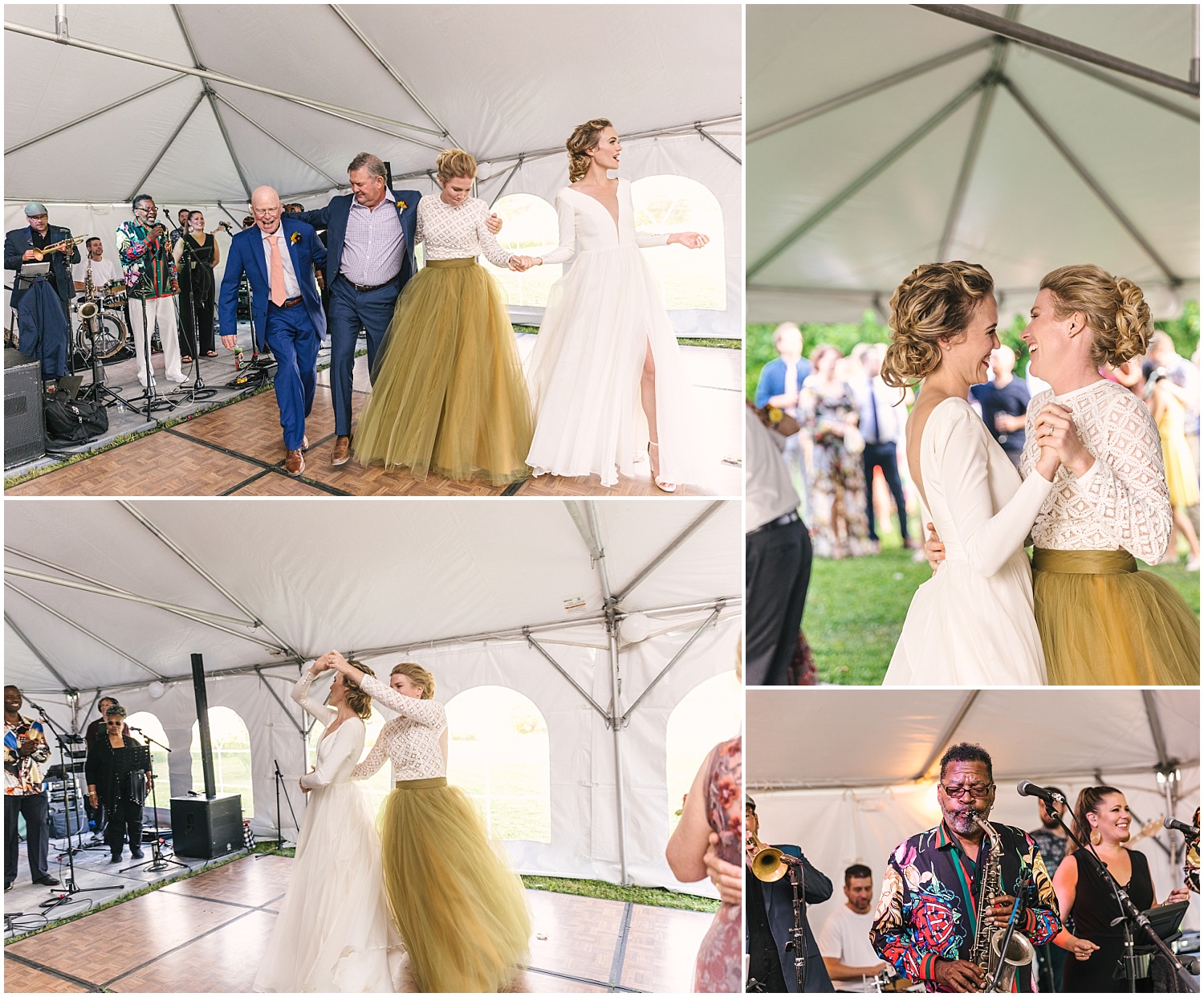 Brides dancing at their Pastures of Plenty wedding reception with the band Tunisia playing