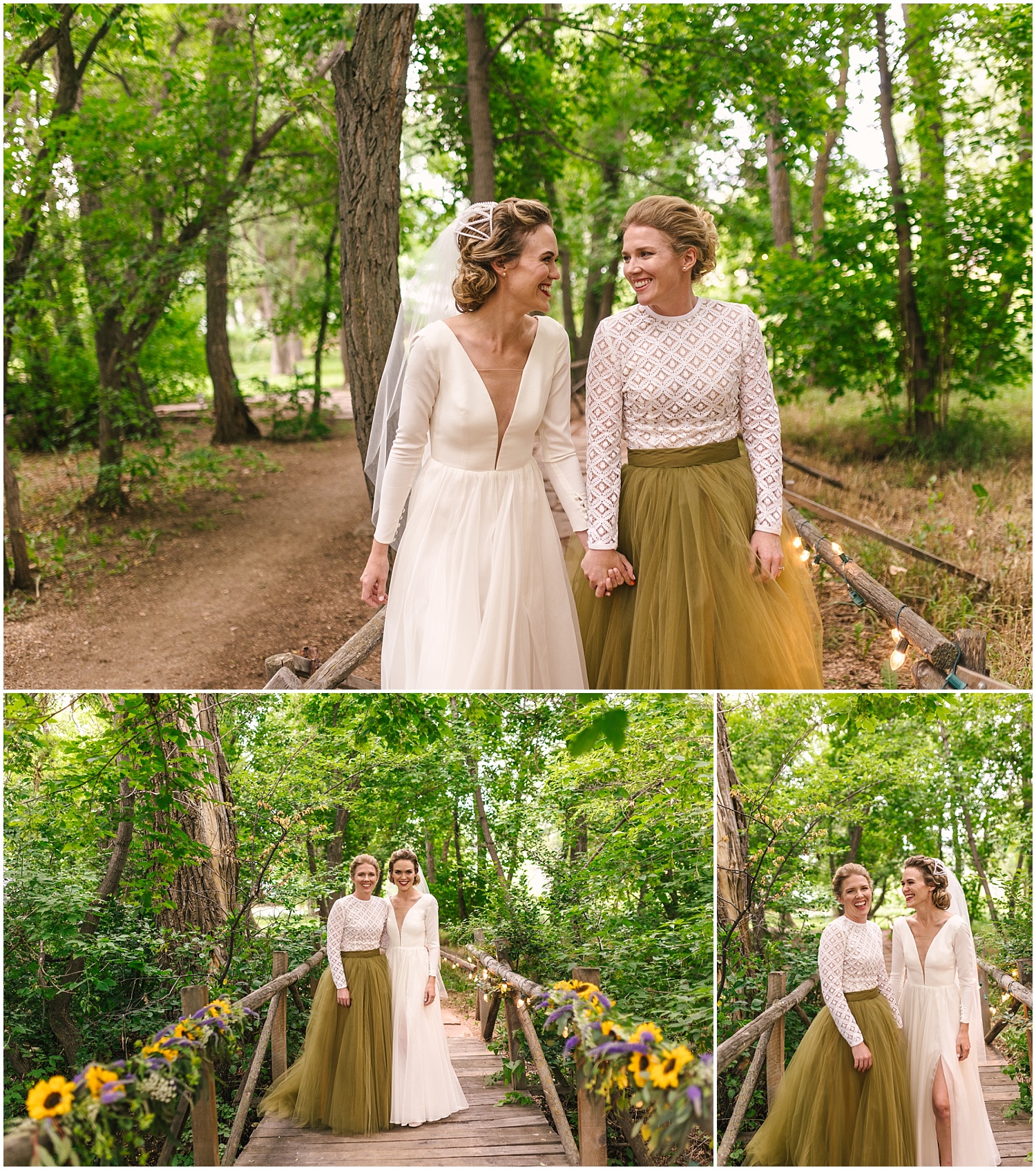 Two brides walk hand in hand on a bridge through the forest in Boulder County Colorado