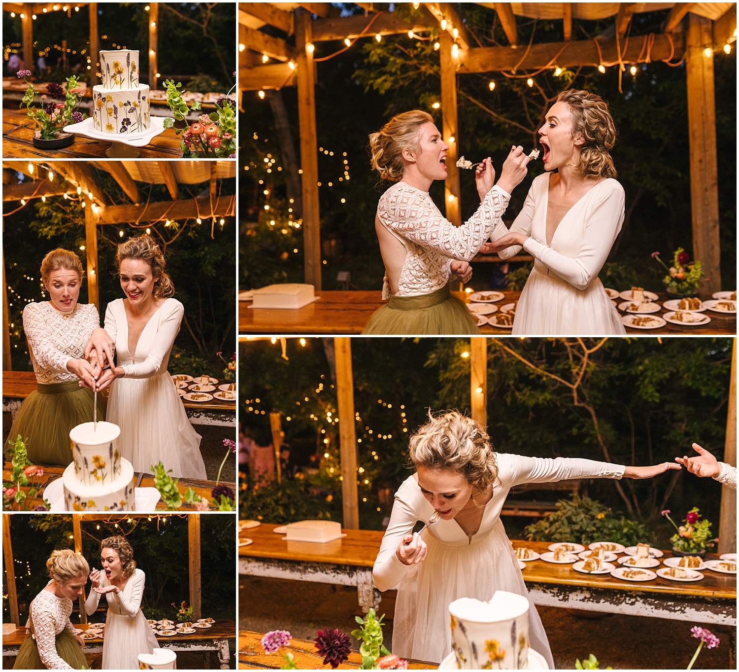 Brides cutting their cake under twinkle lights at enchanted garden wedding reception