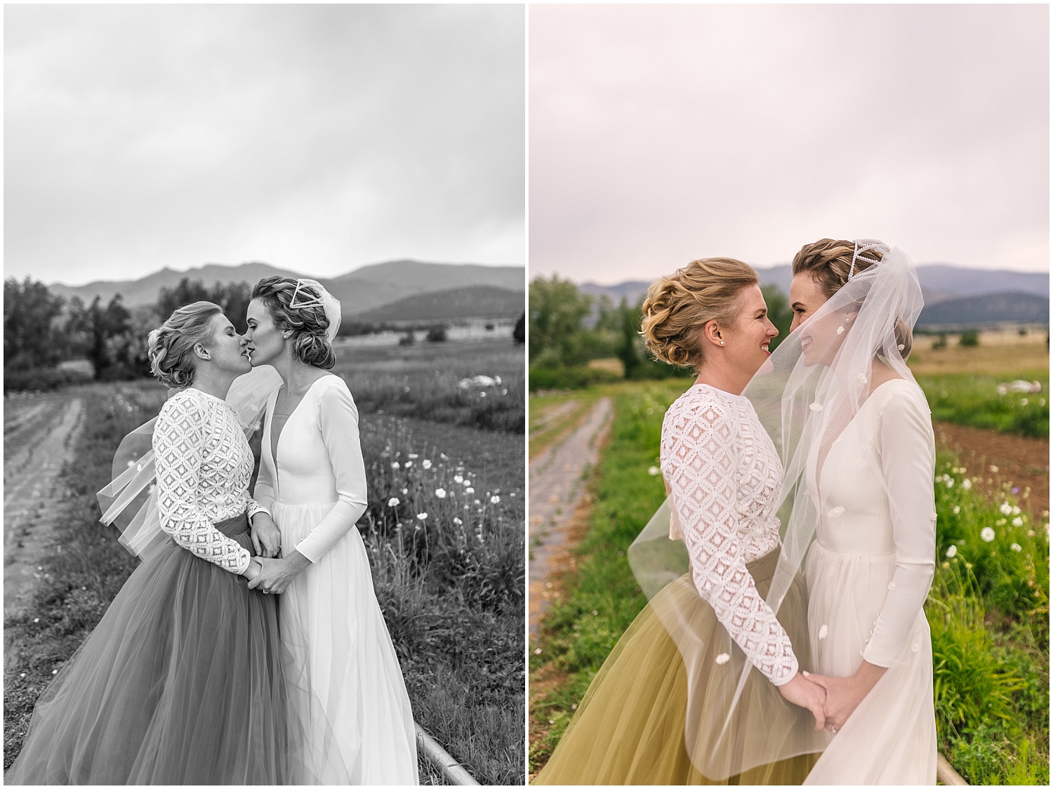 Two brides kissing in the fields overlooking the mountains in Boulder Colorado