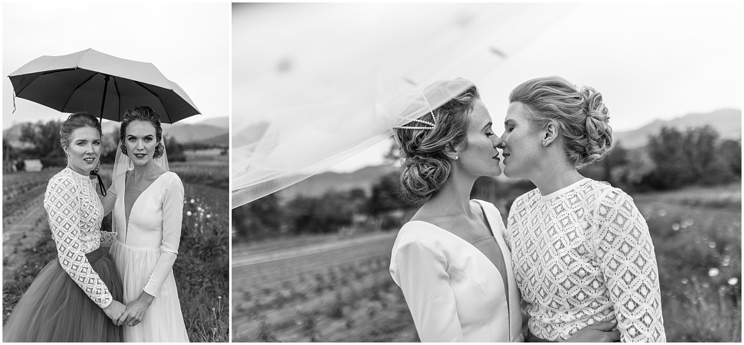 Brides kissing in the rain at their Pastures of Plenty wedding