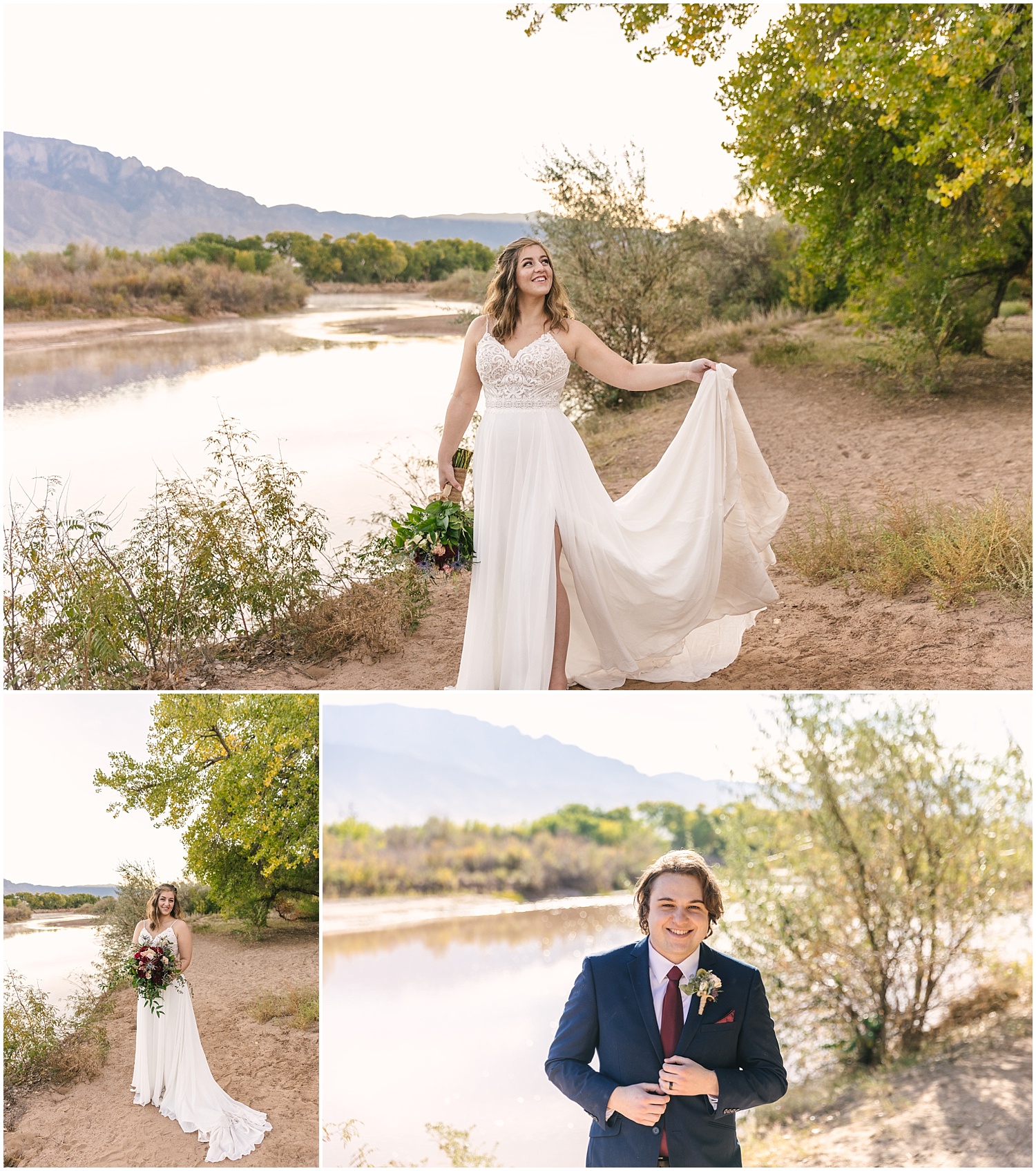 Bride holding long flowy skirt and groom in navy suit for Albuquerque elopement
