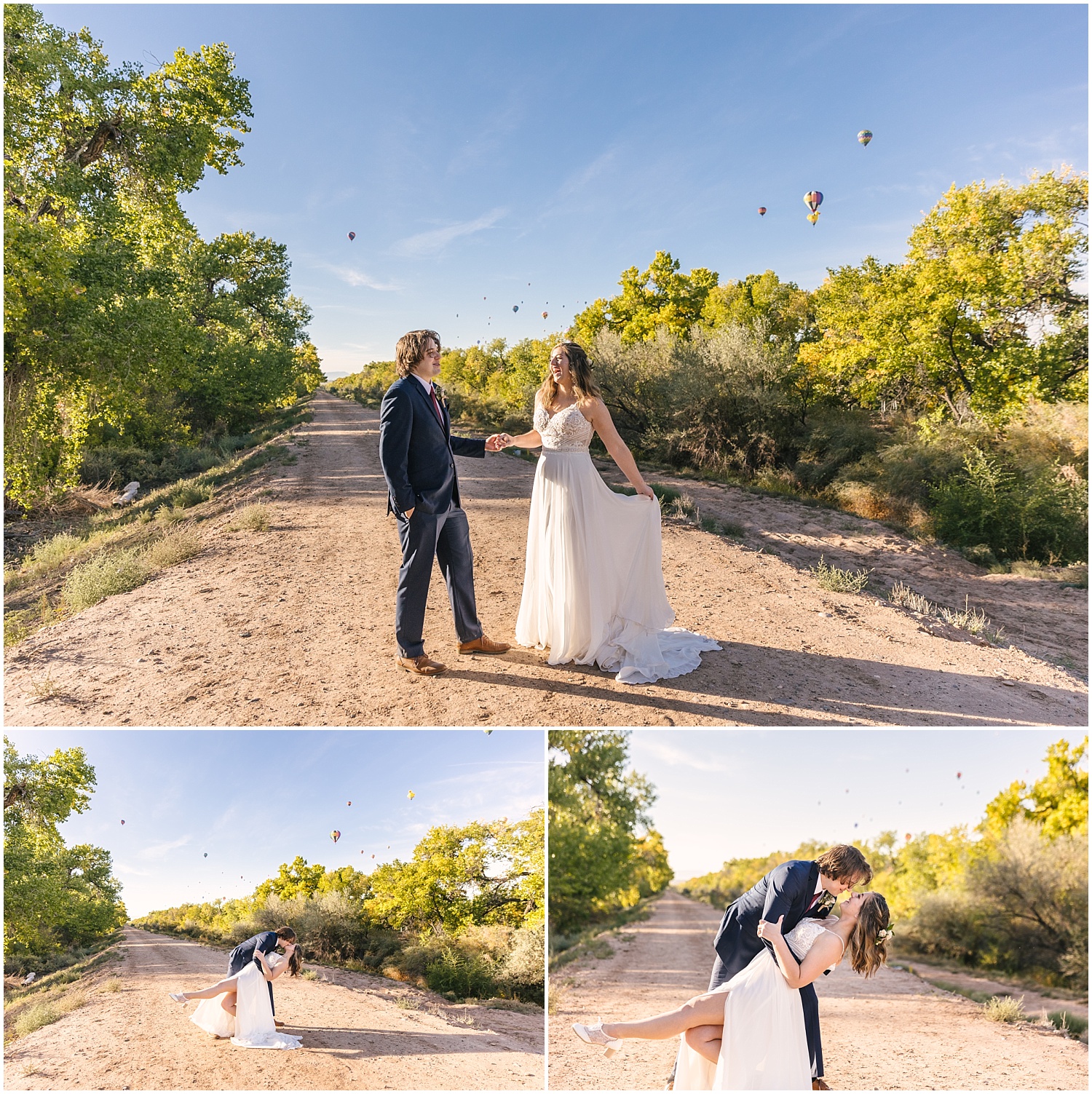 Bride and groom kissing under hot air balloons for their Albuquerque Balloon Fiesta elopement