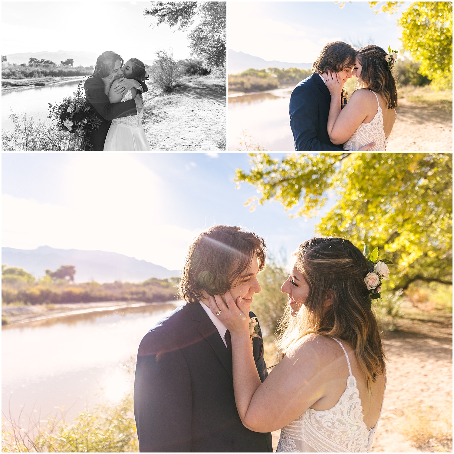 Bride and groom kissing at sunrise elopement