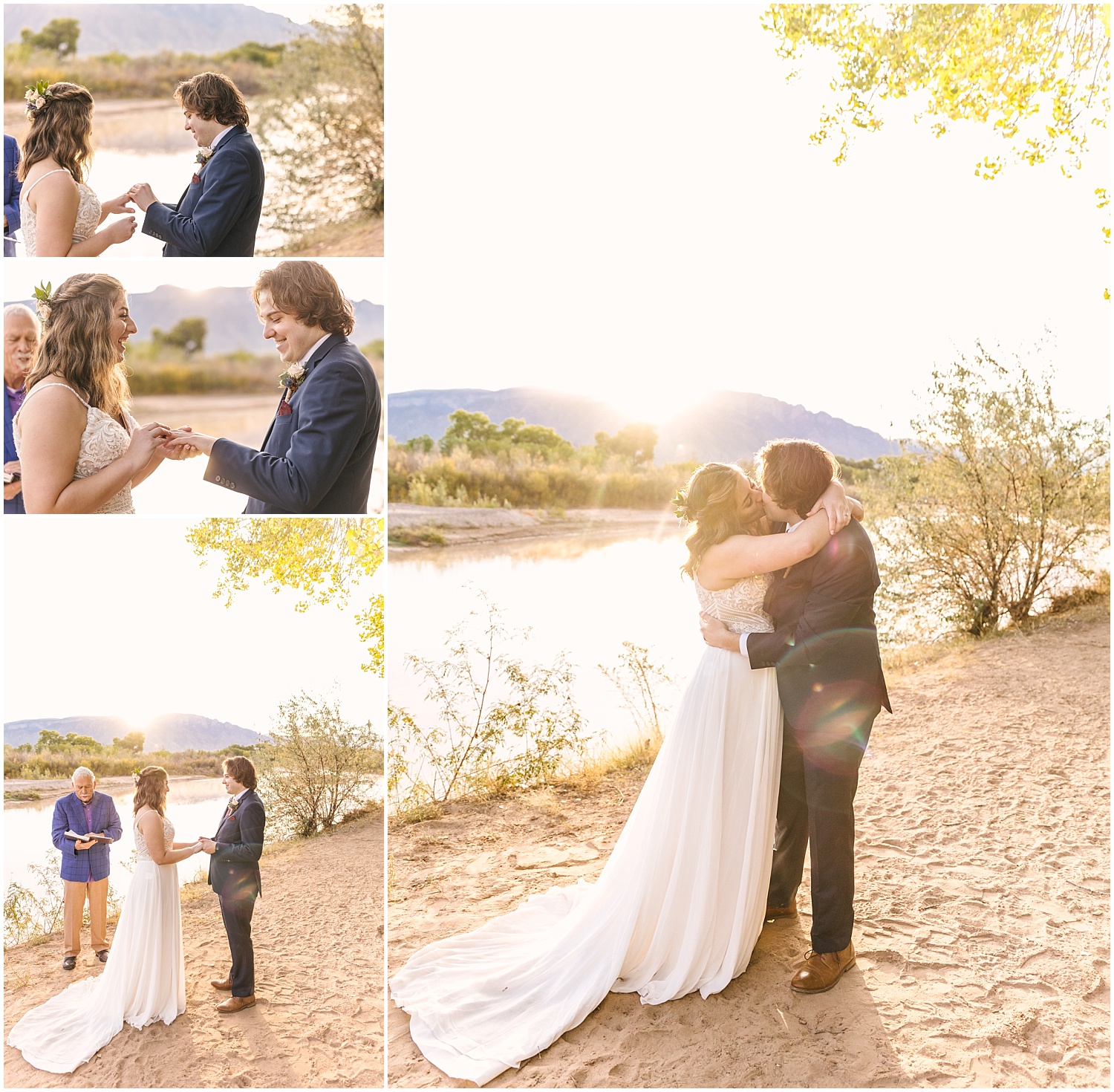 Bride and groom exchange vows at sunrise at Albuquerque New Mexico elopement