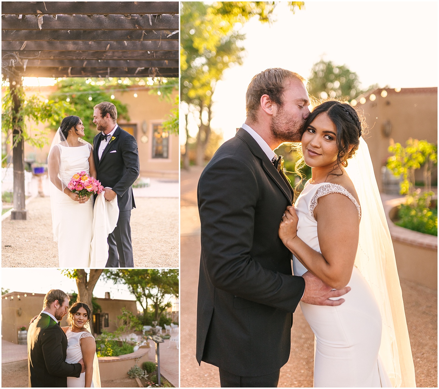 Golden hour wedding portraits at Casa Perea Art Space in Corrales New Mexico