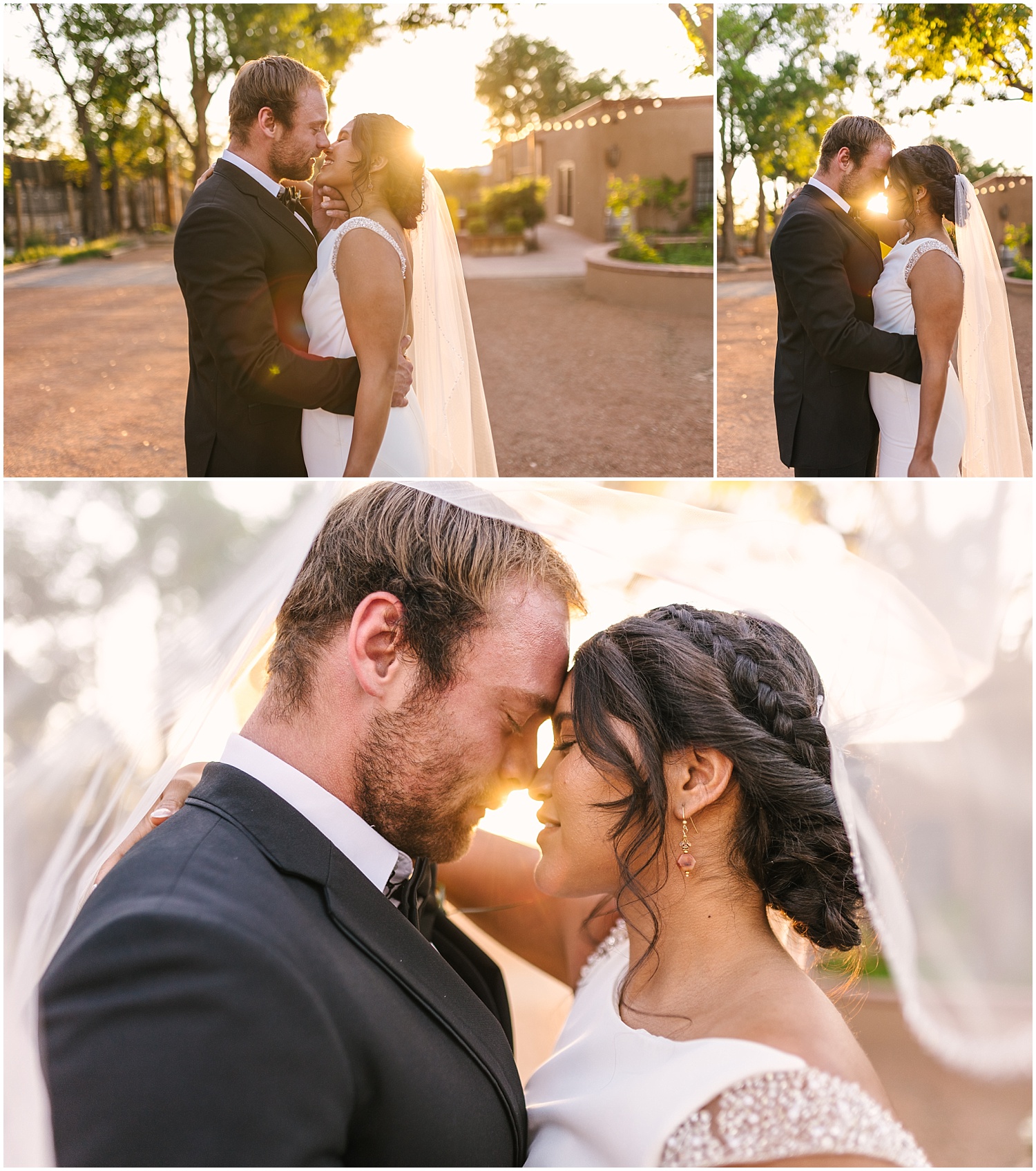 Bride and groom golden hour portraits under bride's veil at New Mexico wedding