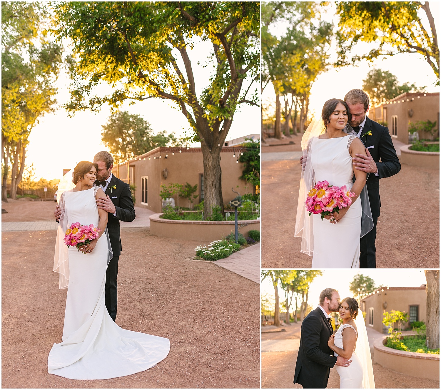 Golden hour wedding portraits at Casa Perea Art Space in Corrales New Mexico