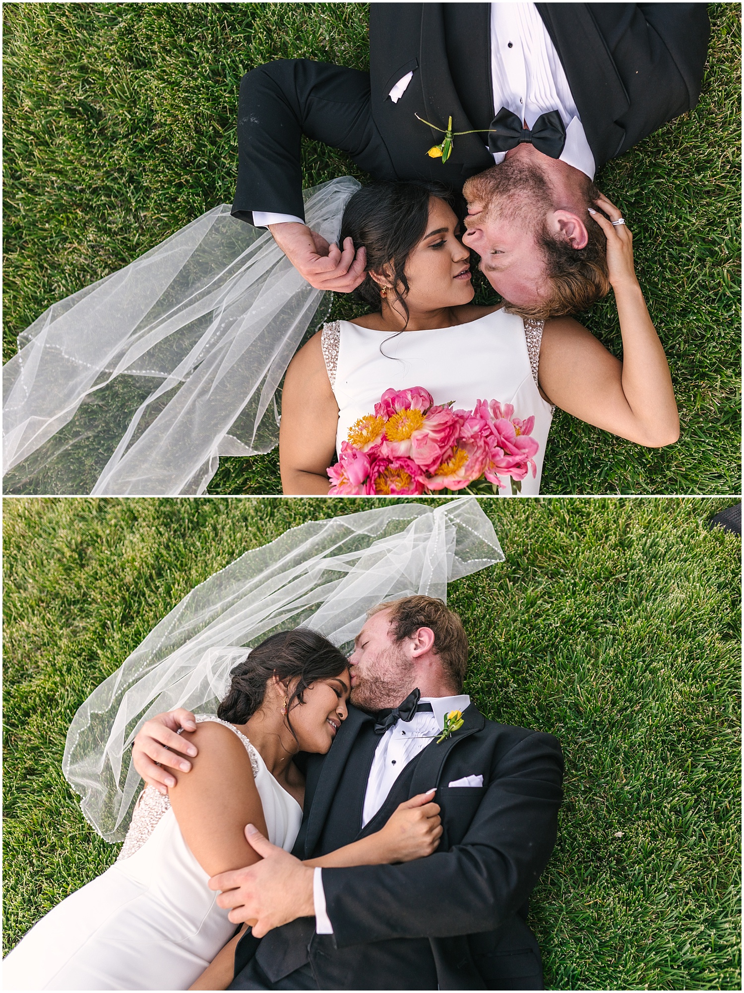 Bride and groom portraits laying in the grass for summer wedding
