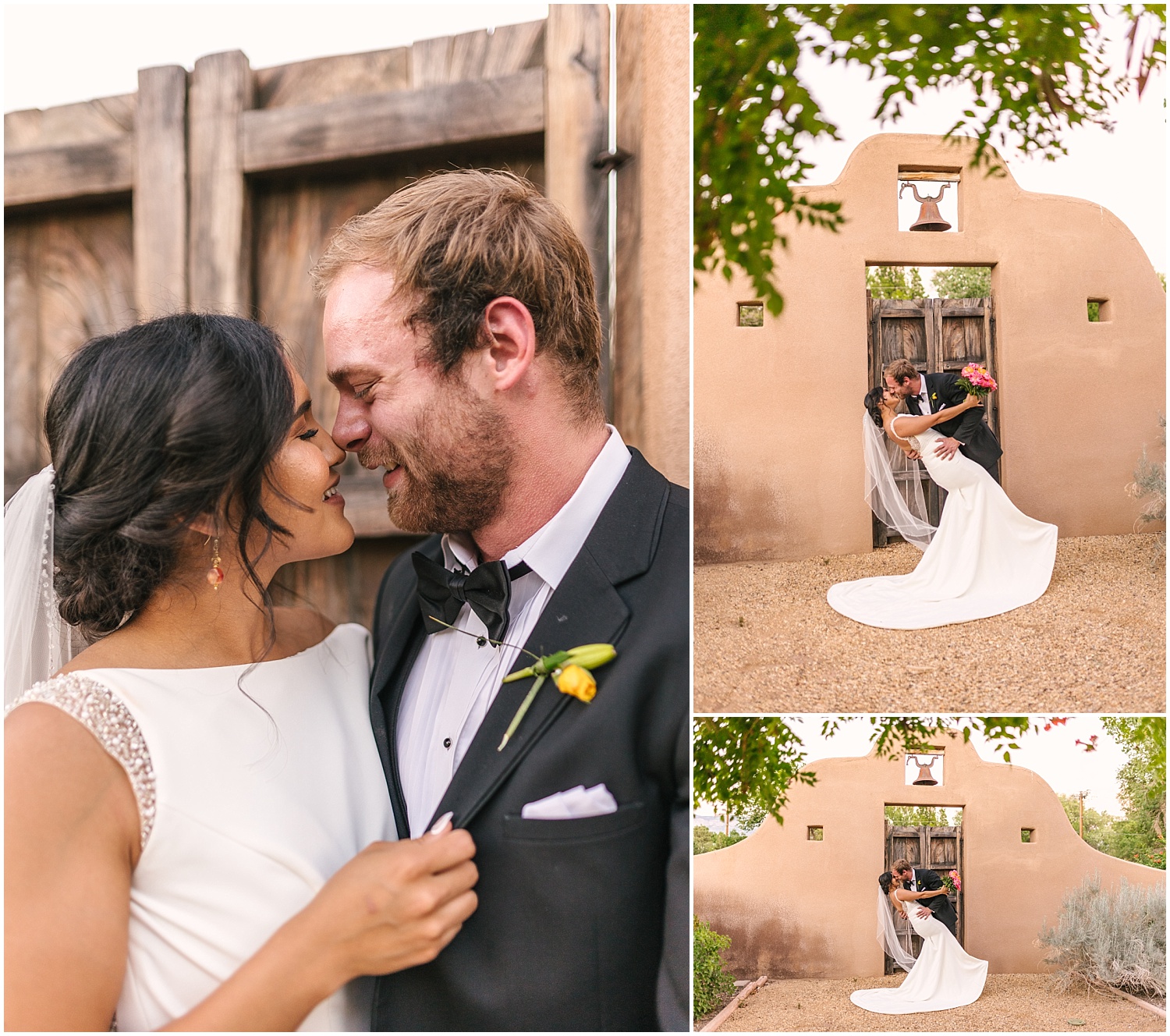 Bride and groom kissing by the gate at Casa Perea Art Space wedding venue in Corrales