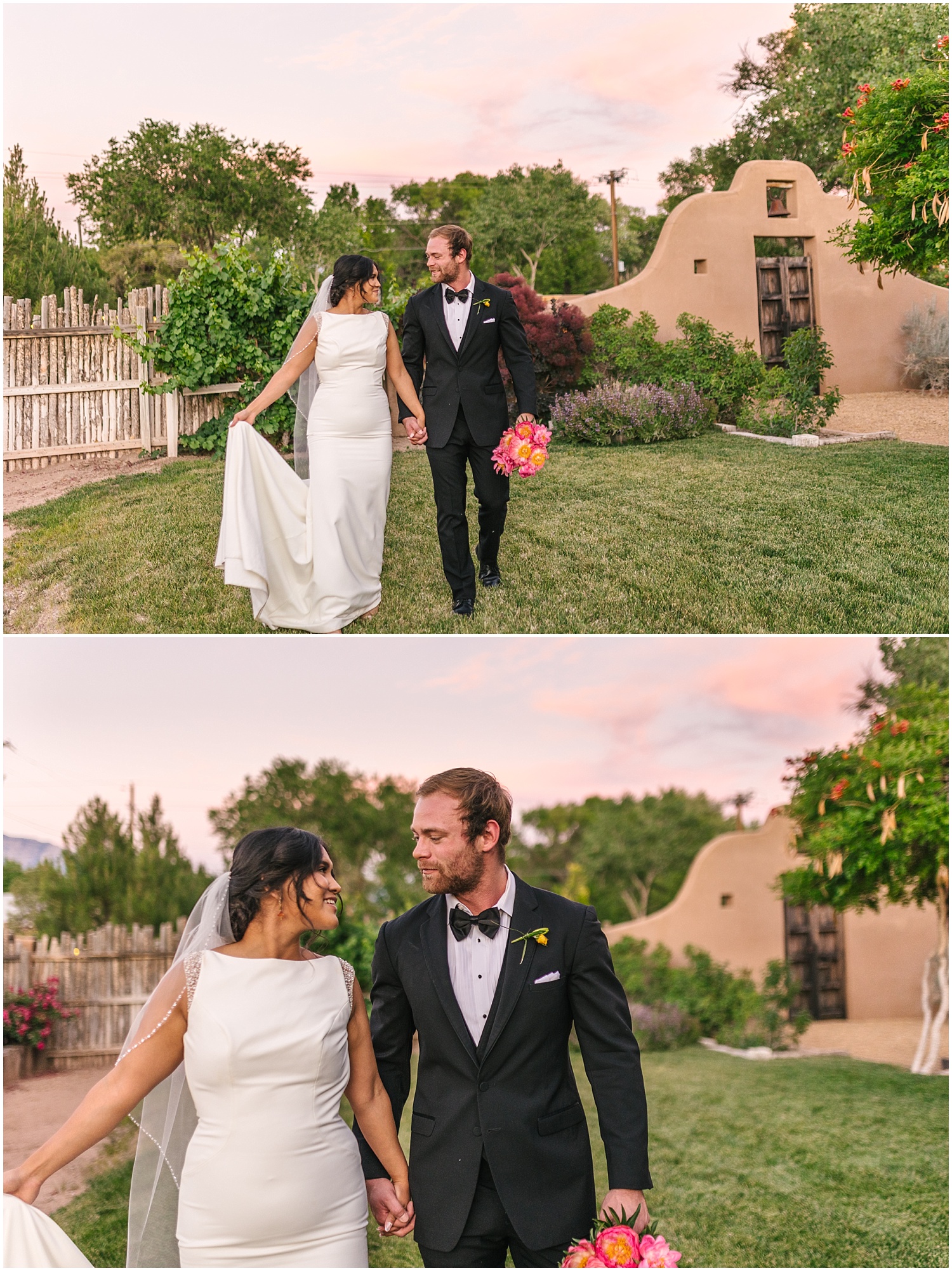 Bride and groom walk the lawn at sunset with Sandia Mountains in background at Casa Perea Art Space